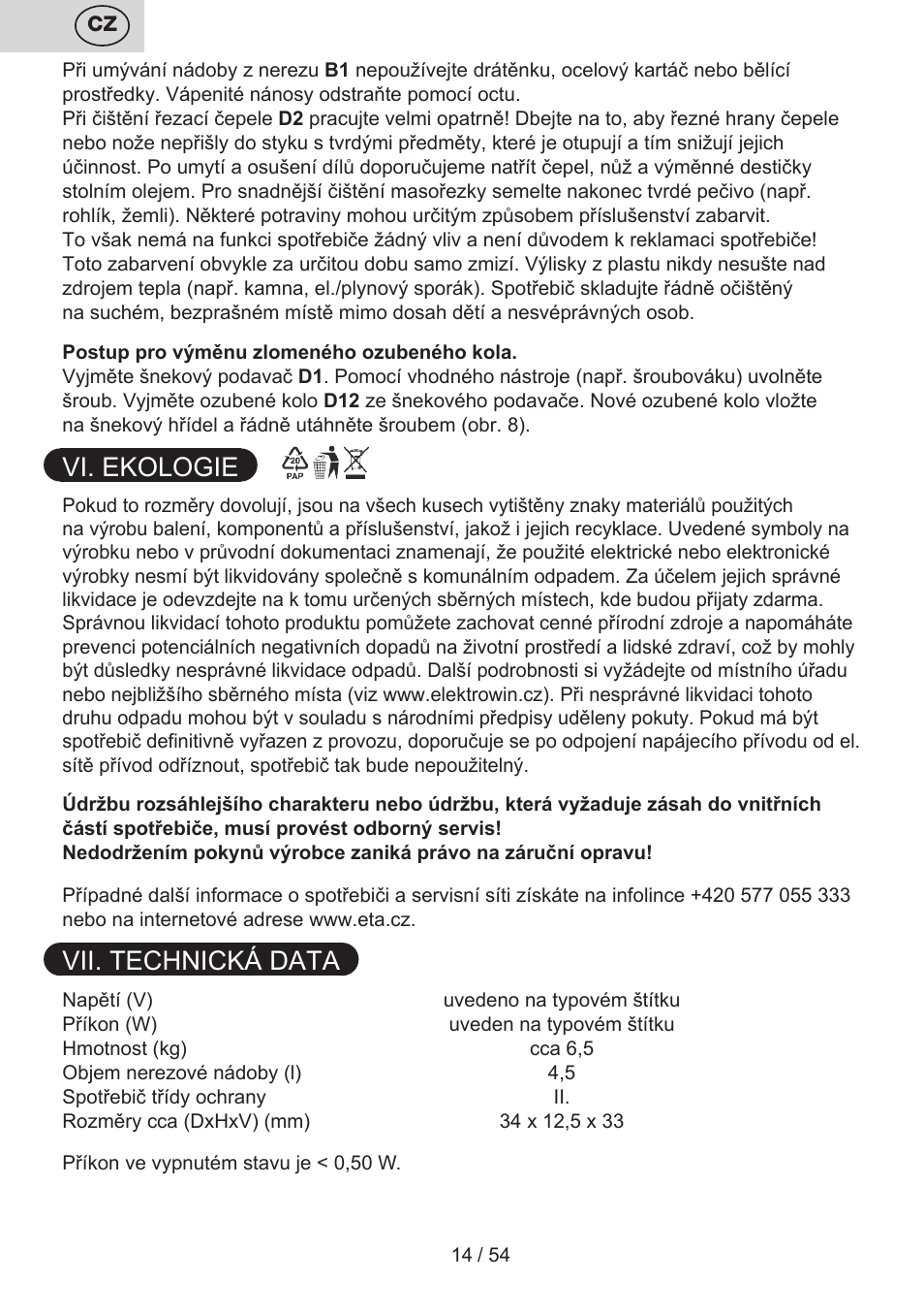 Vi. ekologie, Vii. technická data | ETA Mezo User Manual | Page 14 / 56