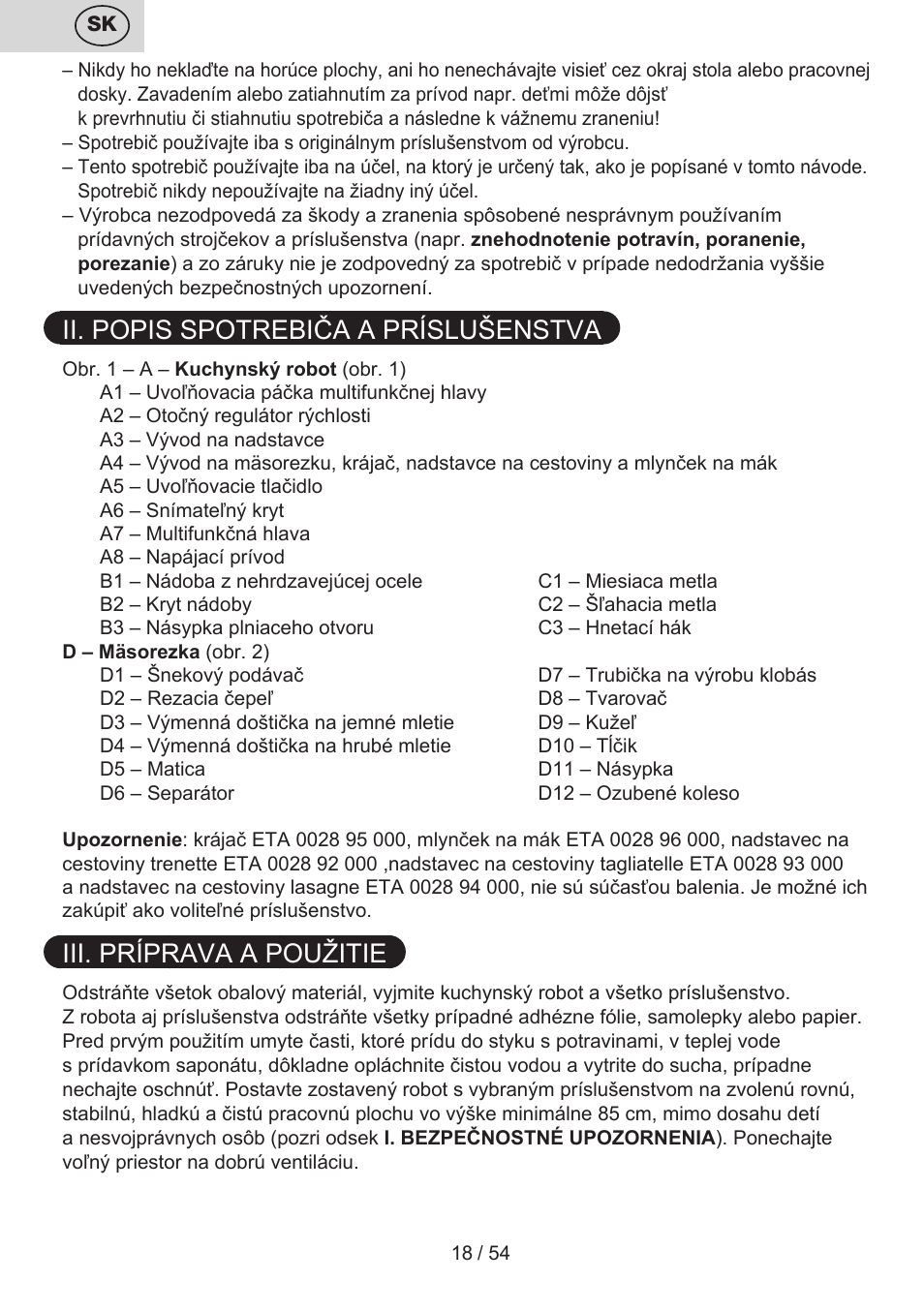 Ii. popis spotrebiča a príslušenstva, Iii. príprava a použitie | ETA Mezo User Manual | Page 18 / 56