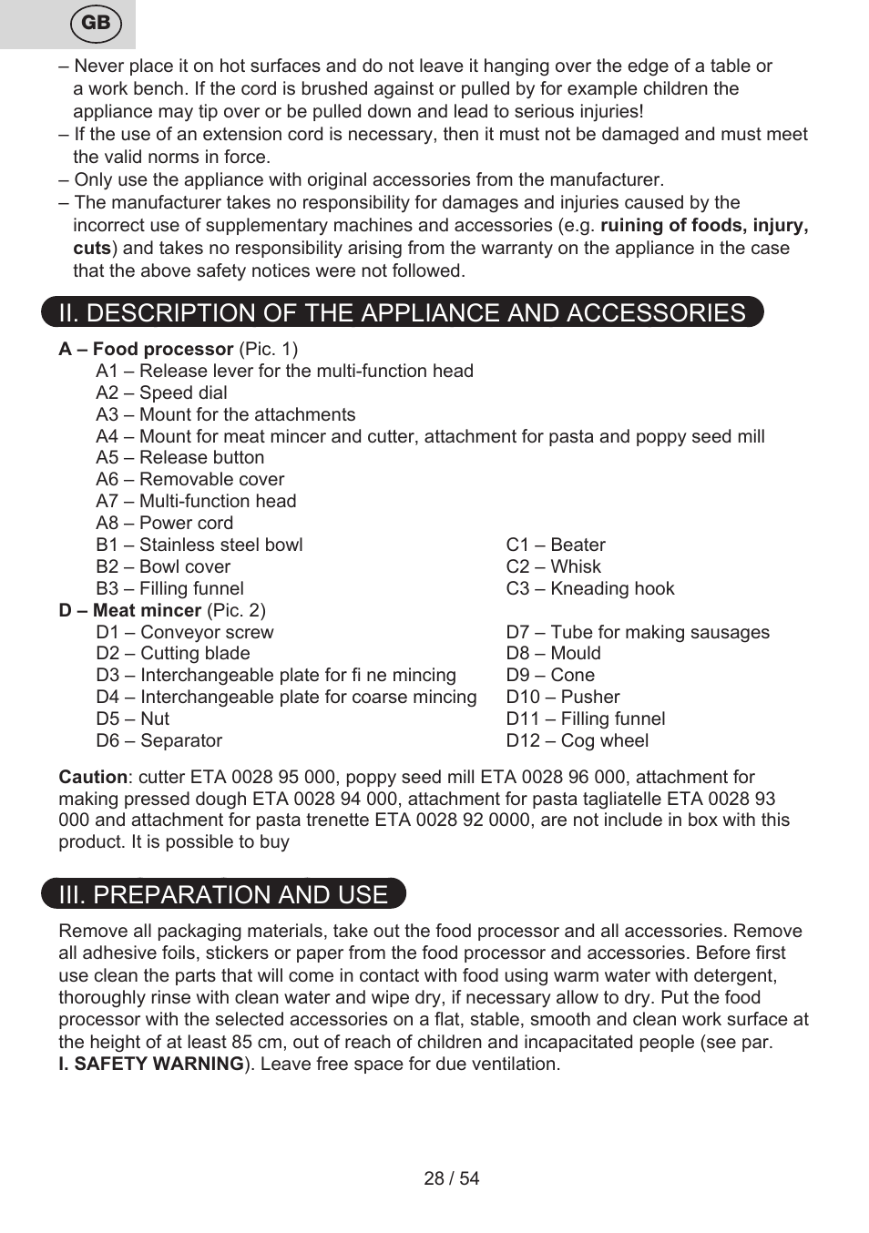 Ii. description of the appliance and accessories, Iii. preparation and use | ETA Mezo User Manual | Page 28 / 56