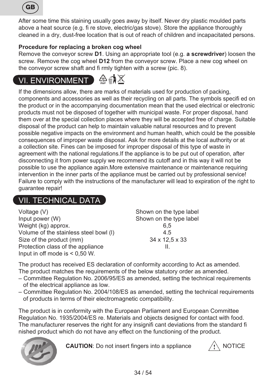 Vi. environment, Vii. technical data | ETA Mezo User Manual | Page 34 / 56