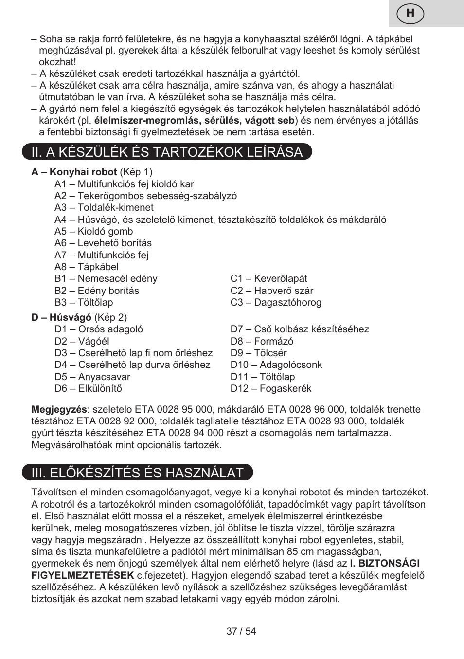 Ii. a készülék és tartozékok leírása, Iii. előkészítés és használat | ETA Mezo User Manual | Page 37 / 56