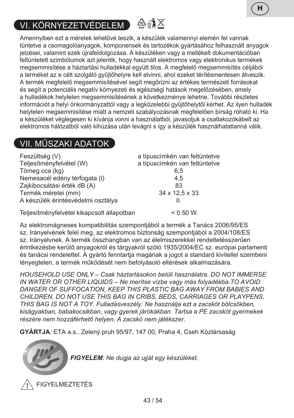 Vi. környezetvédelem, Vii. műszaki adatok | ETA Mezo User Manual | Page 43 / 56