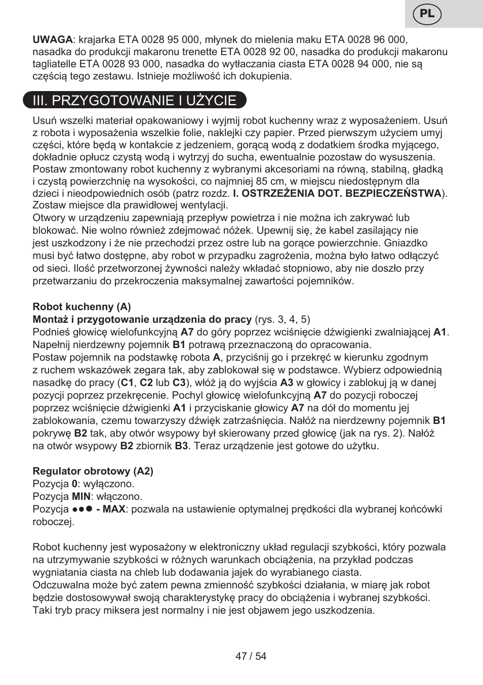 Iii. przygotowanie i użycie | ETA Mezo User Manual | Page 47 / 56