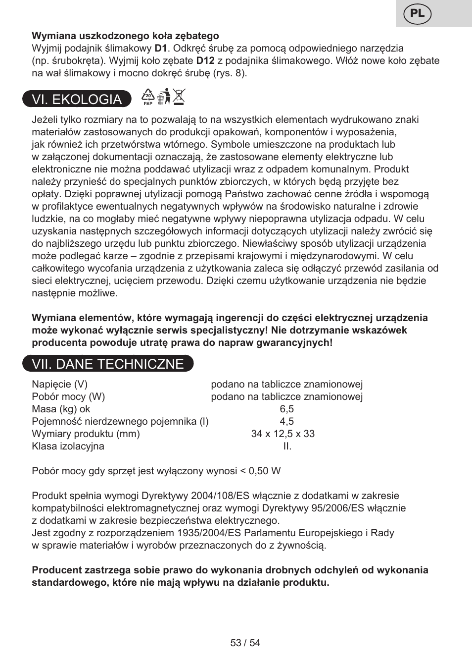 Vi. ekologia, Vii. dane techniczne | ETA Mezo User Manual | Page 53 / 56