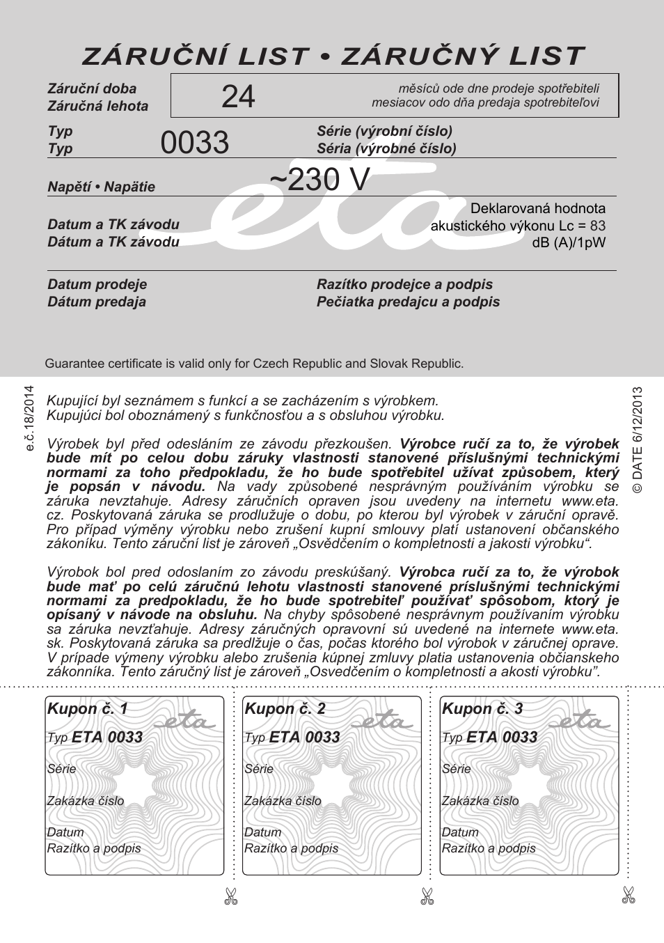 List, Záruční list • záručný | ETA Mezo User Manual | Page 56 / 56