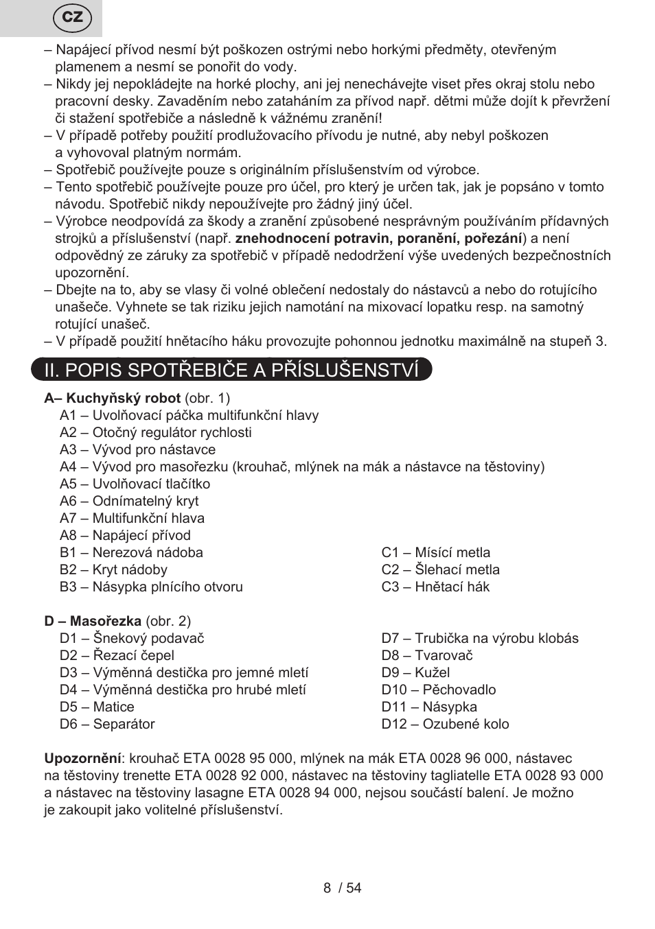 Ii. popis spotřebiče a příslušenství | ETA Mezo User Manual | Page 8 / 56