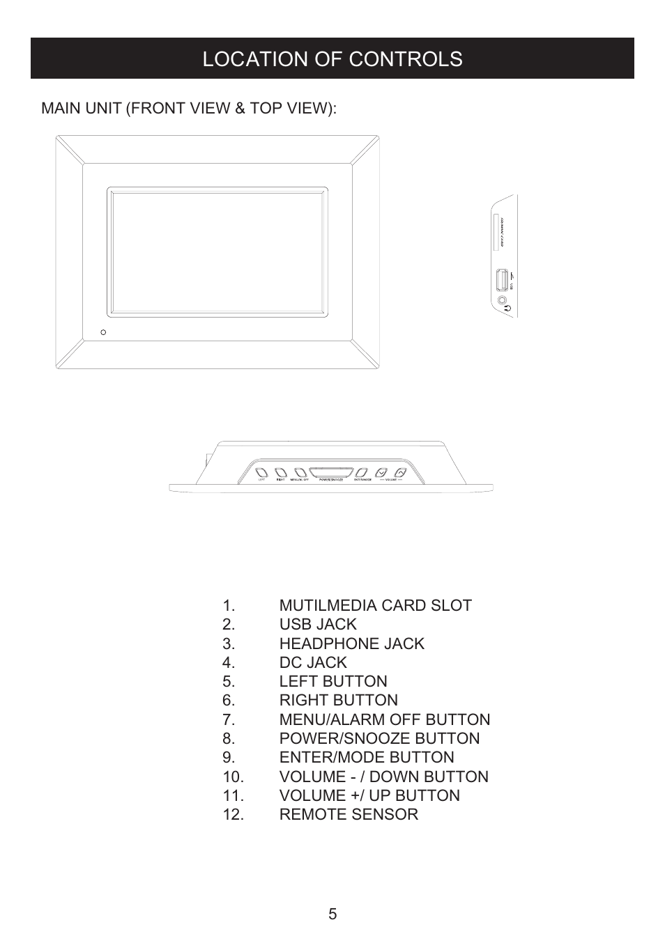 Location of controls | Curtis DPF711A User Manual | Page 6 / 20