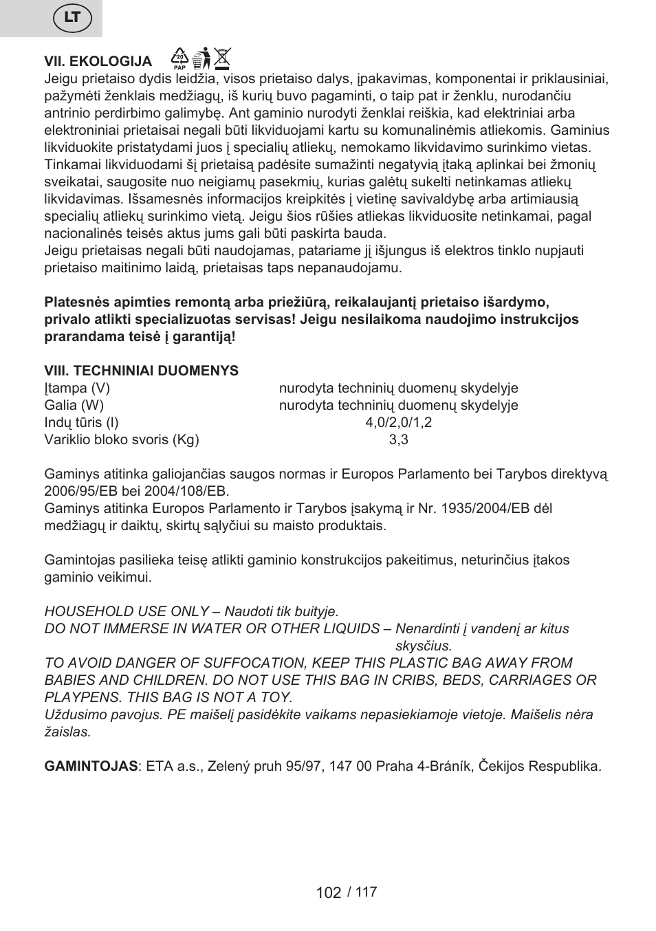 ETA Centrino s doplňkovým příslušenstvím User Manual | Page 102 / 120