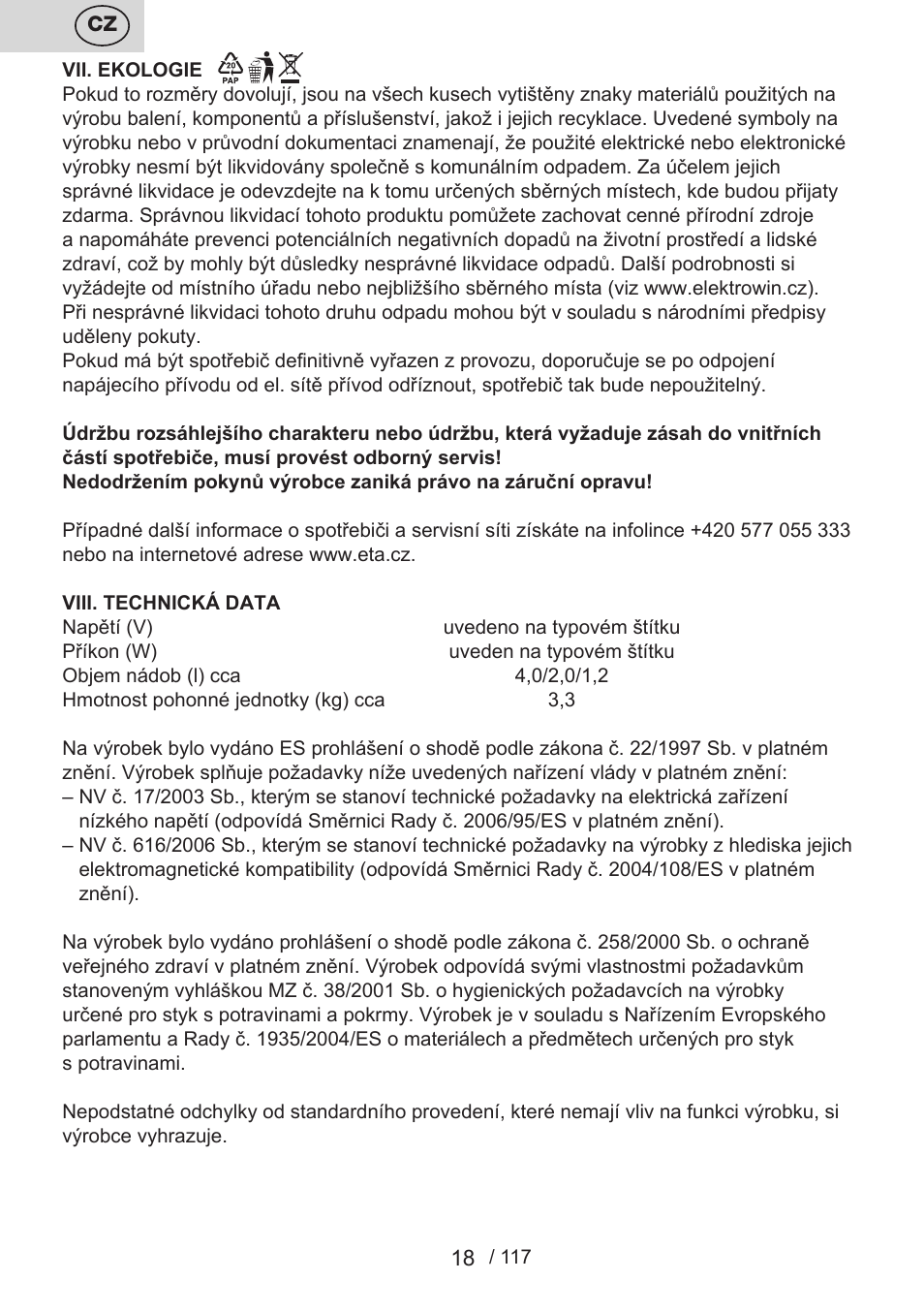 ETA Centrino s doplňkovým příslušenstvím User Manual | Page 18 / 120