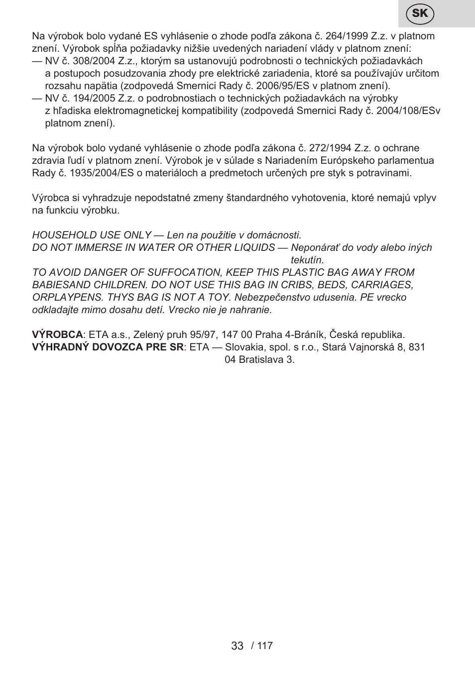ETA Centrino s doplňkovým příslušenstvím User Manual | Page 33 / 120