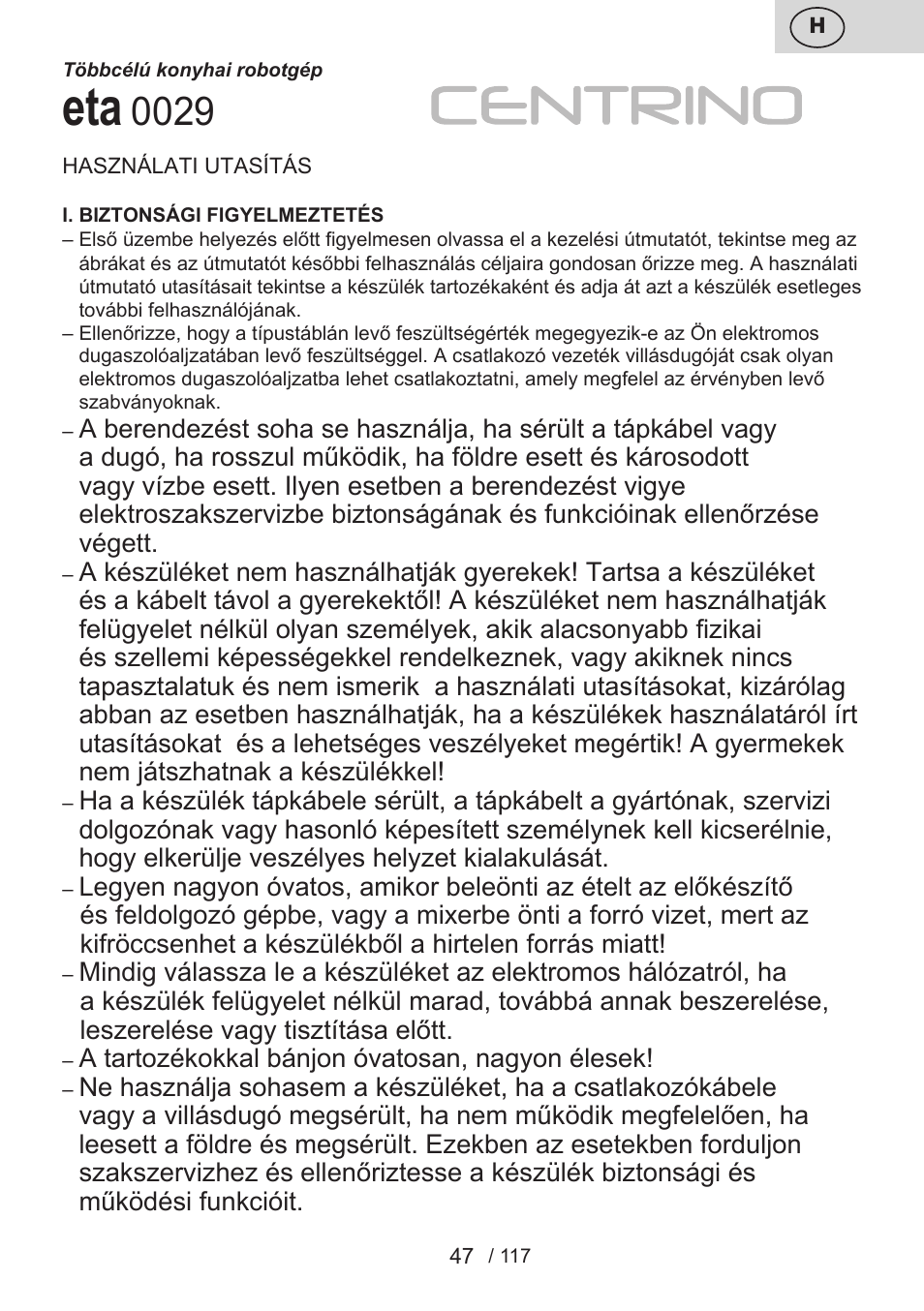 ETA Centrino s doplňkovým příslušenstvím User Manual | Page 47 / 120