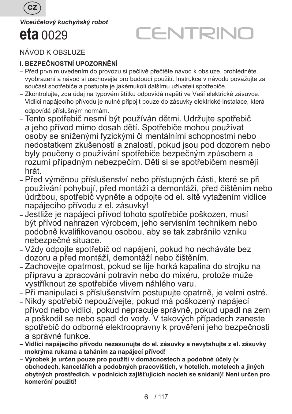 ETA Centrino s doplňkovým příslušenstvím User Manual | Page 6 / 120