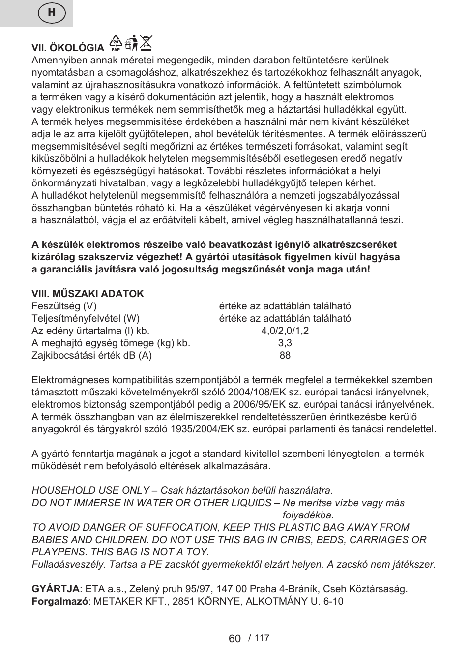 ETA Centrino s doplňkovým příslušenstvím User Manual | Page 60 / 120