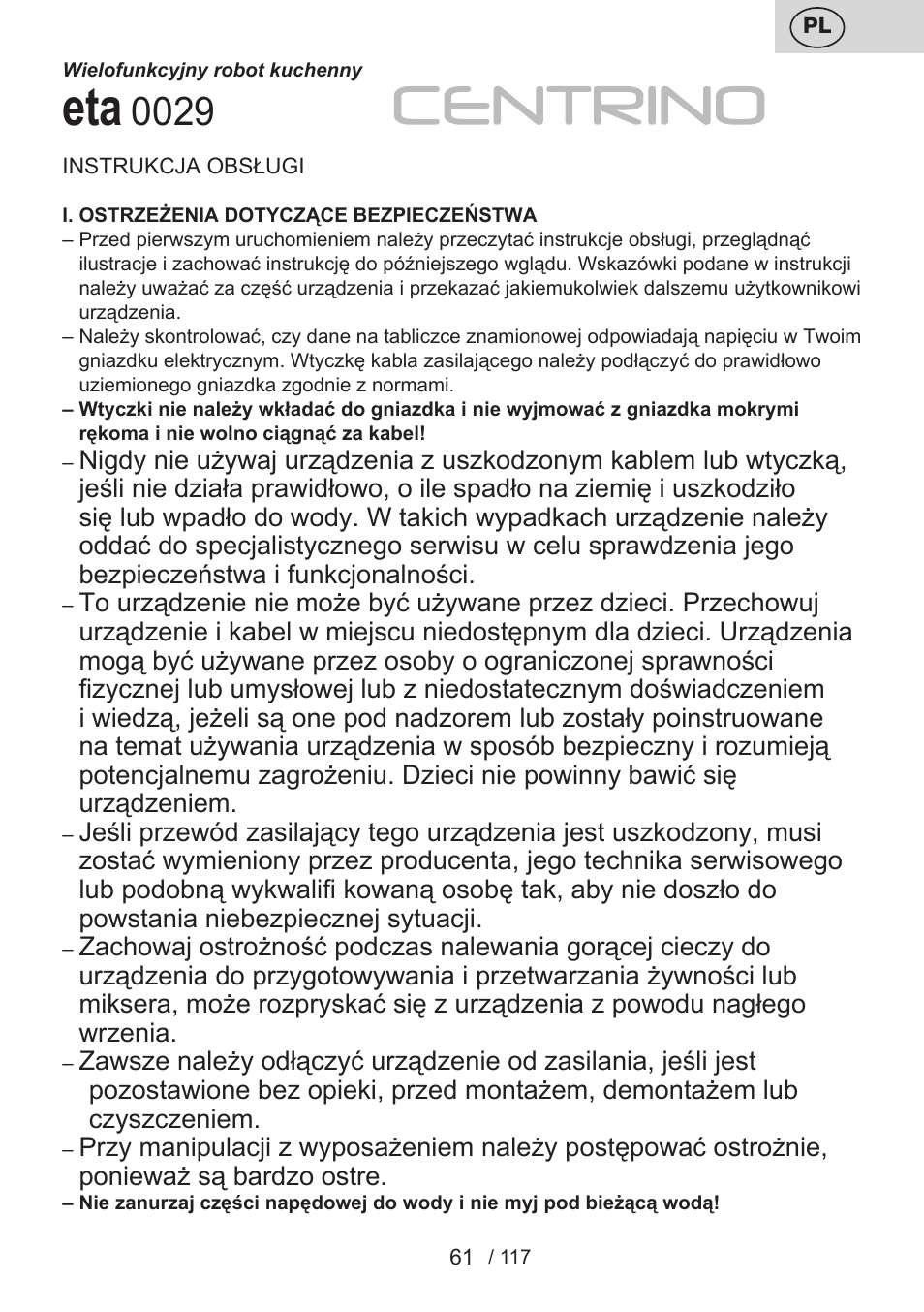ETA Centrino s doplňkovým příslušenstvím User Manual | Page 61 / 120