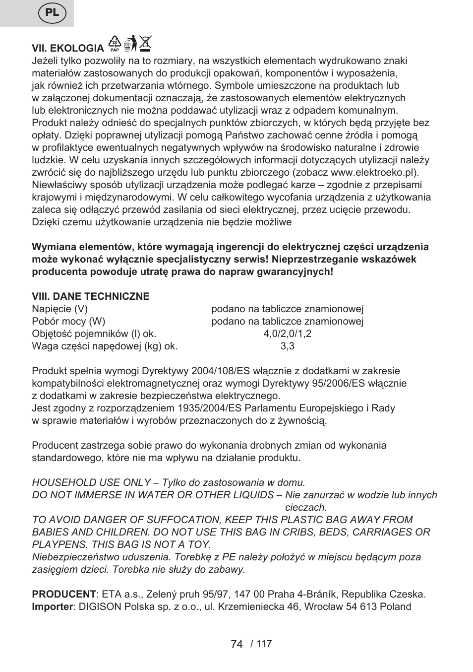 ETA Centrino s doplňkovým příslušenstvím User Manual | Page 74 / 120
