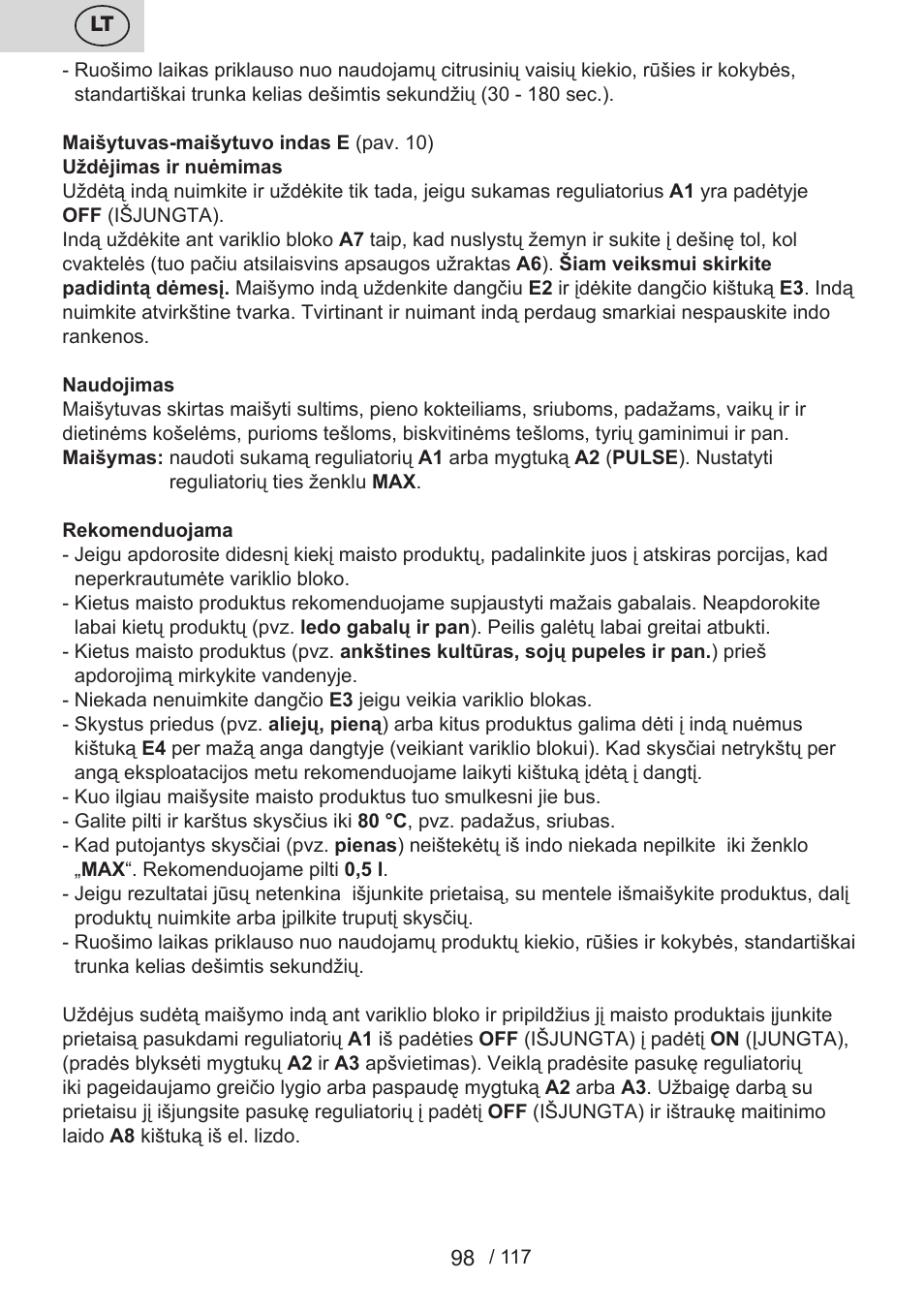 ETA Centrino s doplňkovým příslušenstvím User Manual | Page 98 / 120