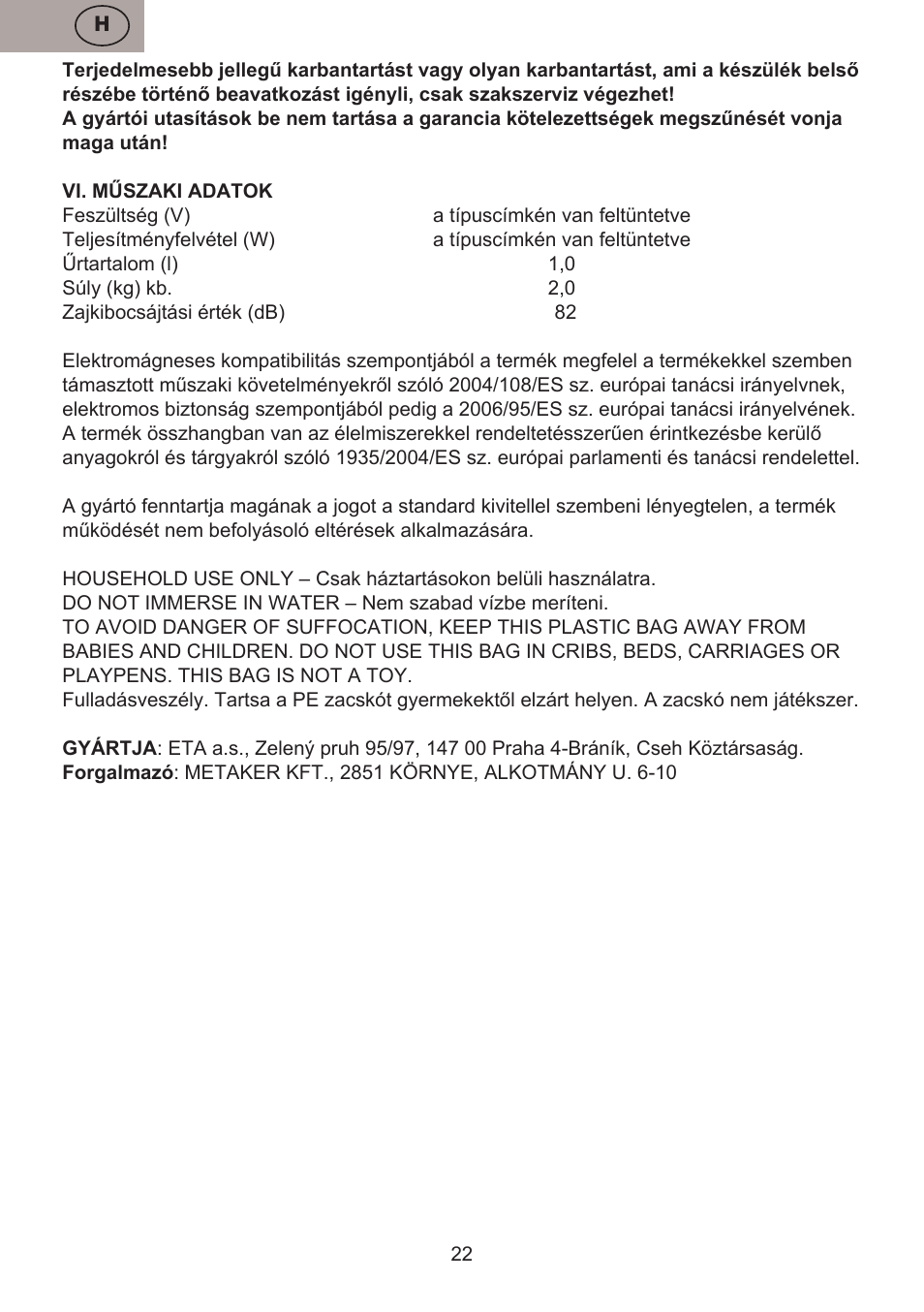 ETA Choppic User Manual | Page 22 / 32