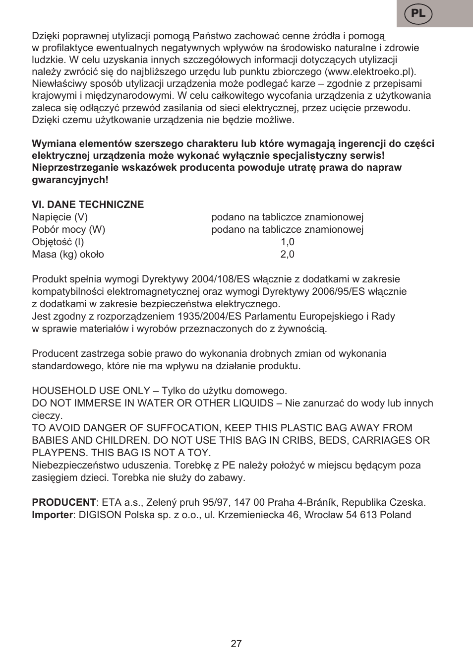 ETA Choppic User Manual | Page 27 / 32