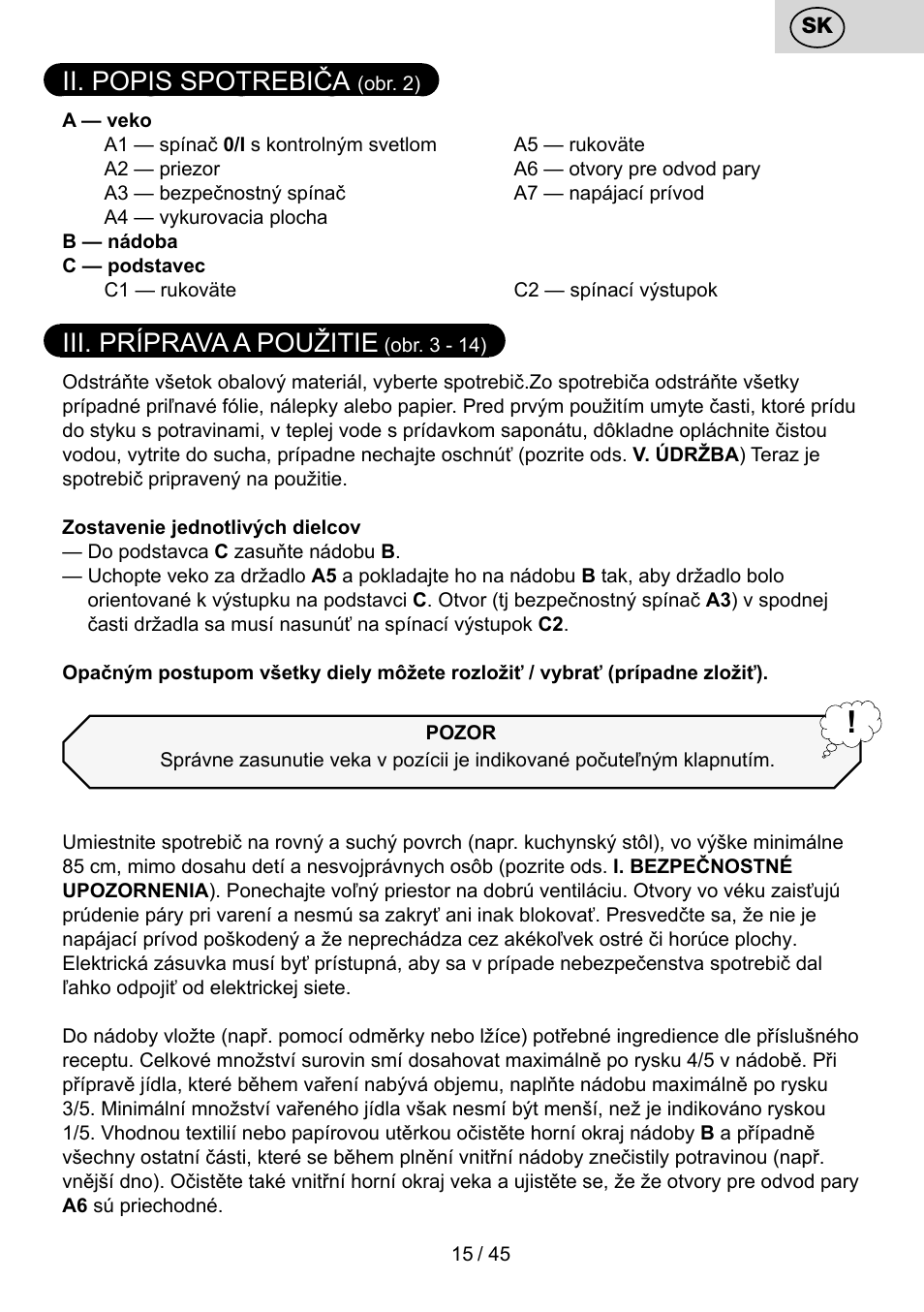 Ii. popis spotrebiča, Iii. príprava a použitie | ETA PEČENKA User Manual | Page 15 / 48