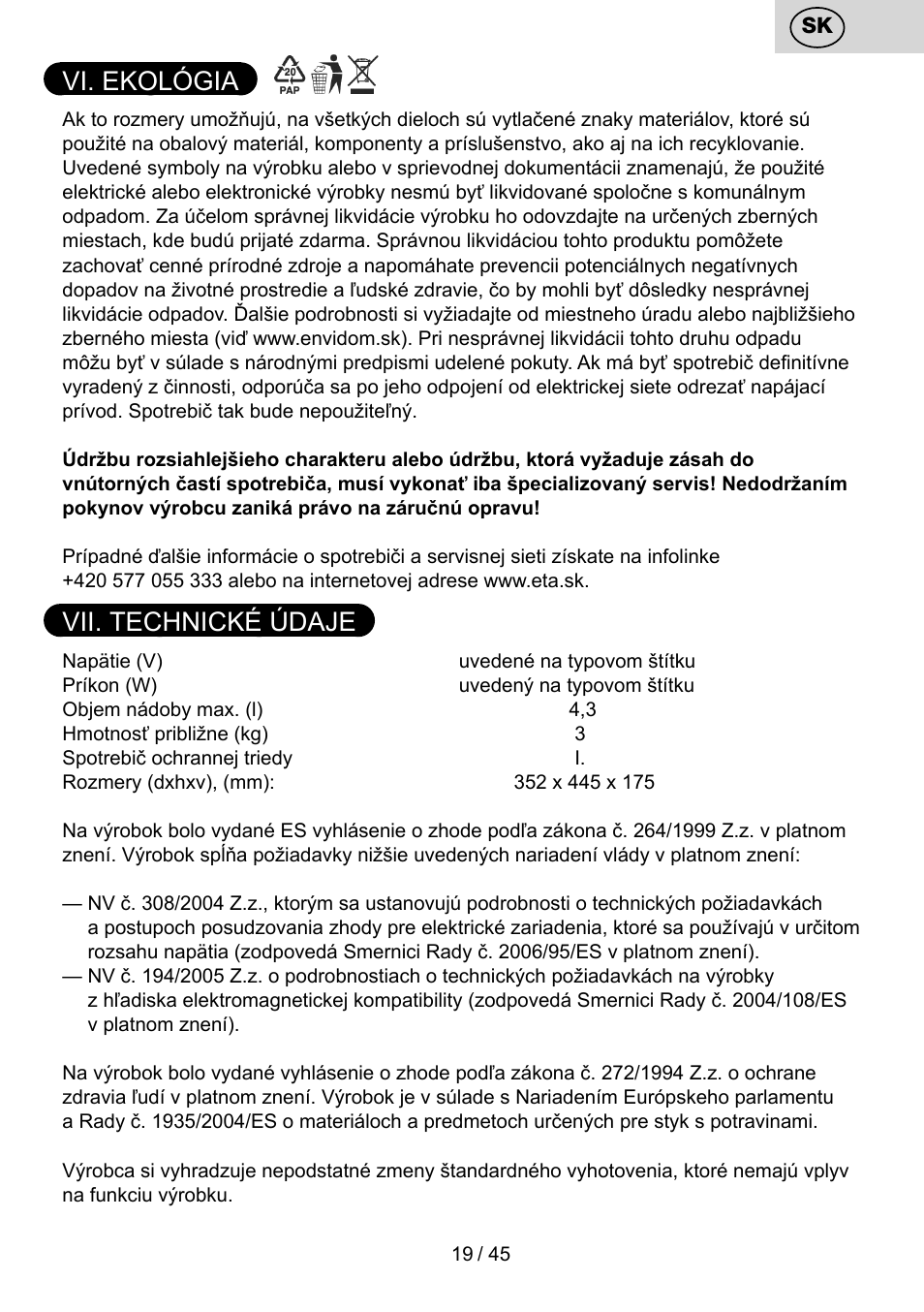 Vi. ekológia, Vii. technické údaje | ETA PEČENKA User Manual | Page 19 / 48