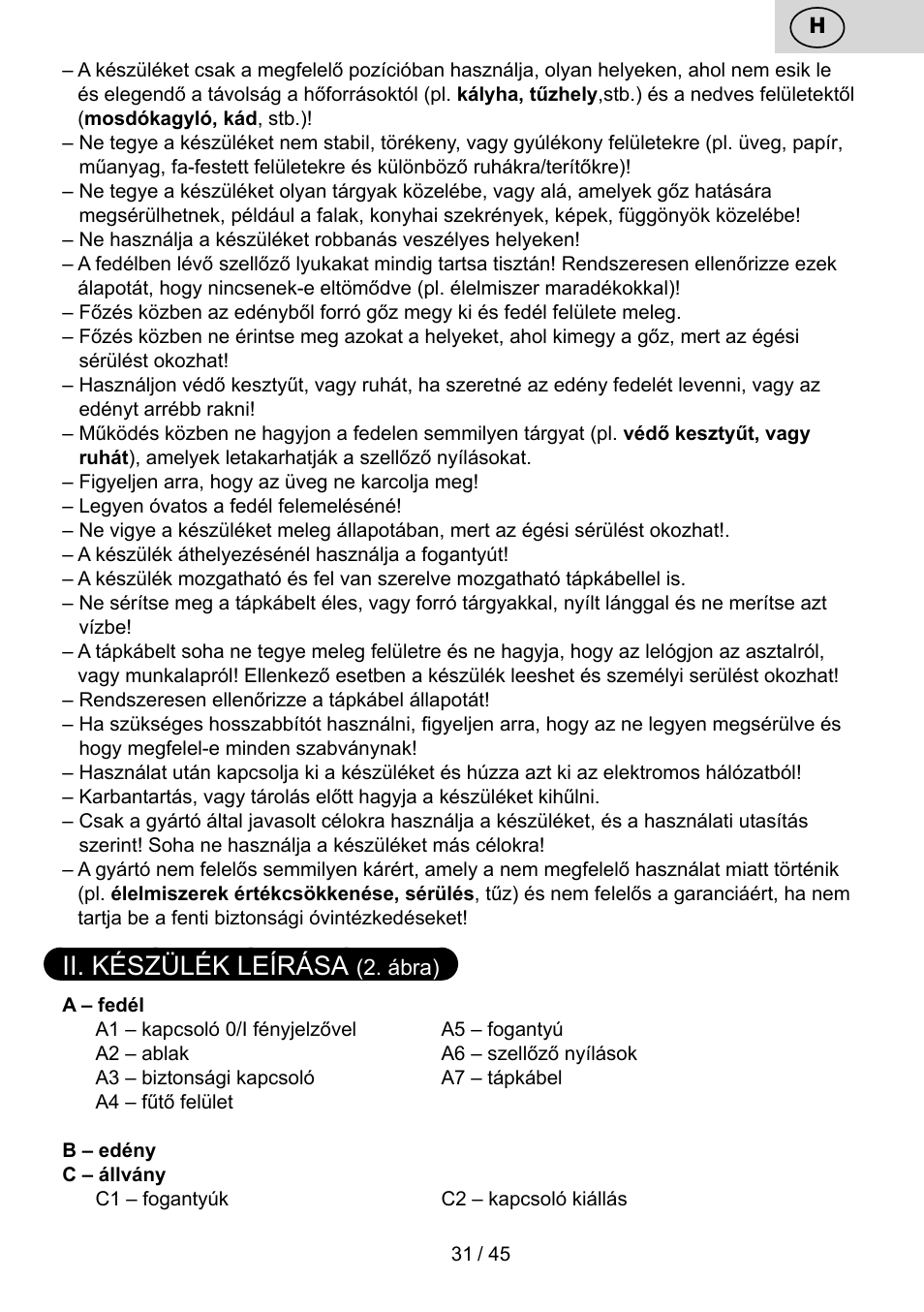 Ii. készülék leírása | ETA PEČENKA User Manual | Page 31 / 48