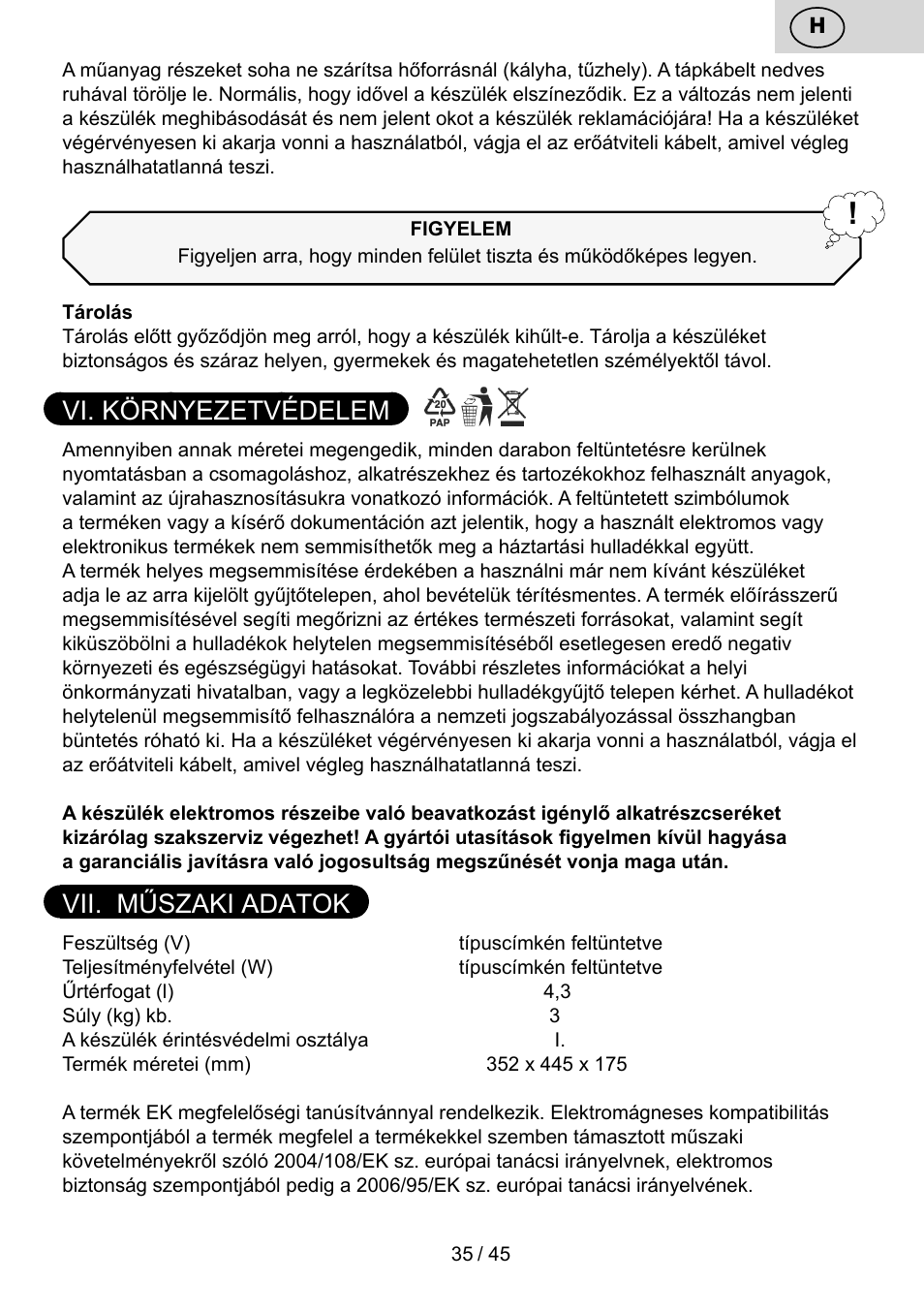 Vi. környezetvédelem, Vii. műszaki adatok | ETA PEČENKA User Manual | Page 35 / 48