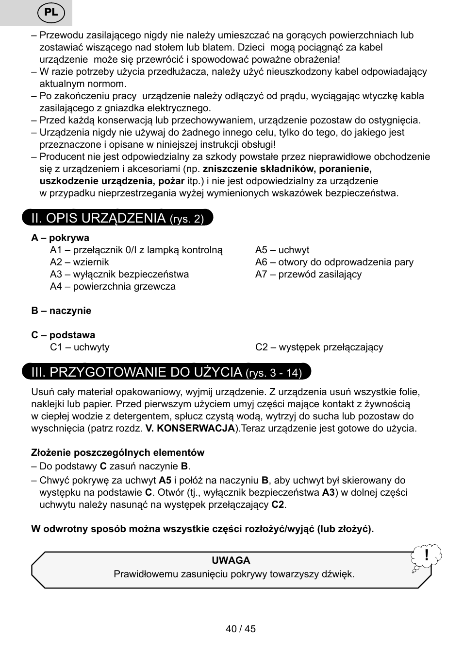 Ii. opis urządzenia, Iii. przygotowanie do użycia | ETA PEČENKA User Manual | Page 40 / 48