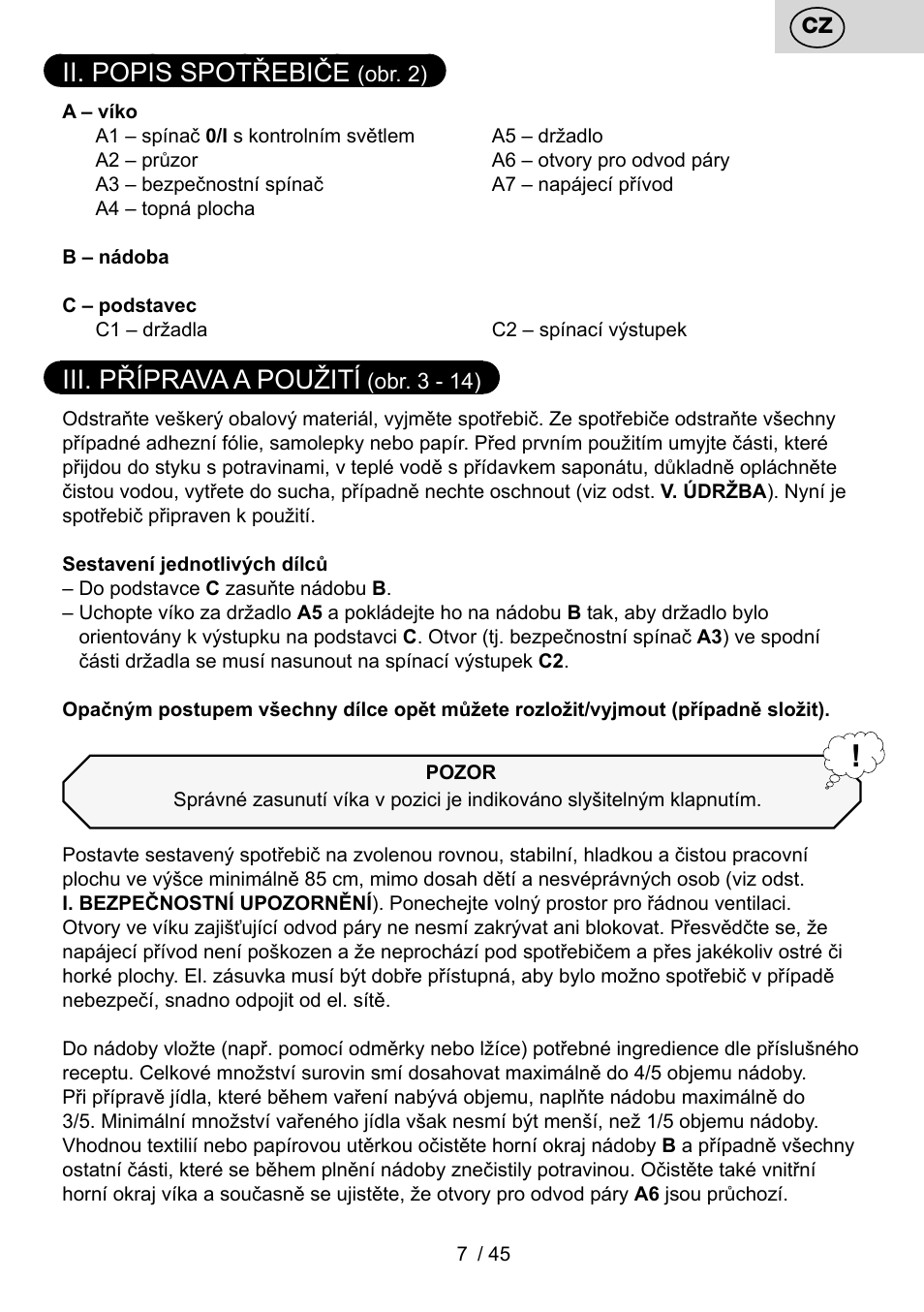 Ii. popis spotřebiče, Iii. příprava a použití | ETA PEČENKA User Manual | Page 7 / 48