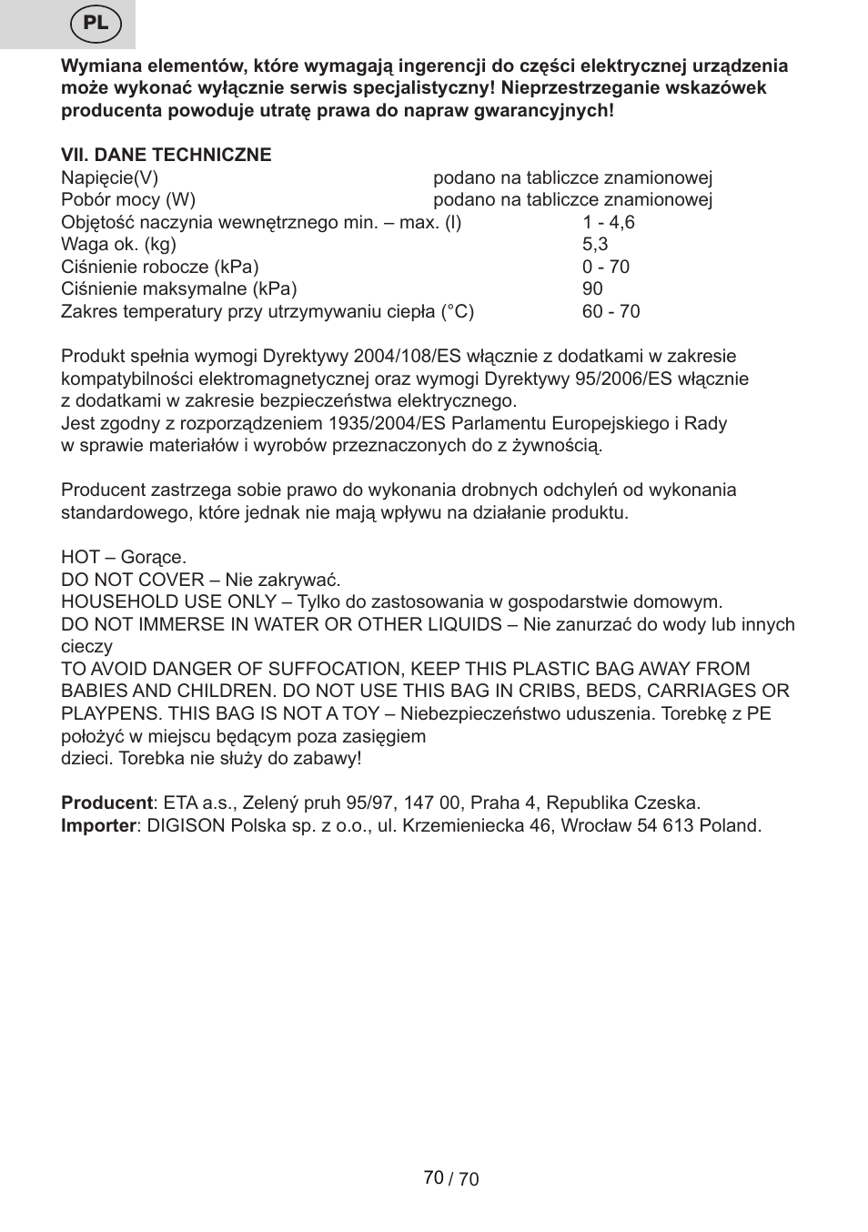 ETA Biopot User Manual | Page 70 / 72