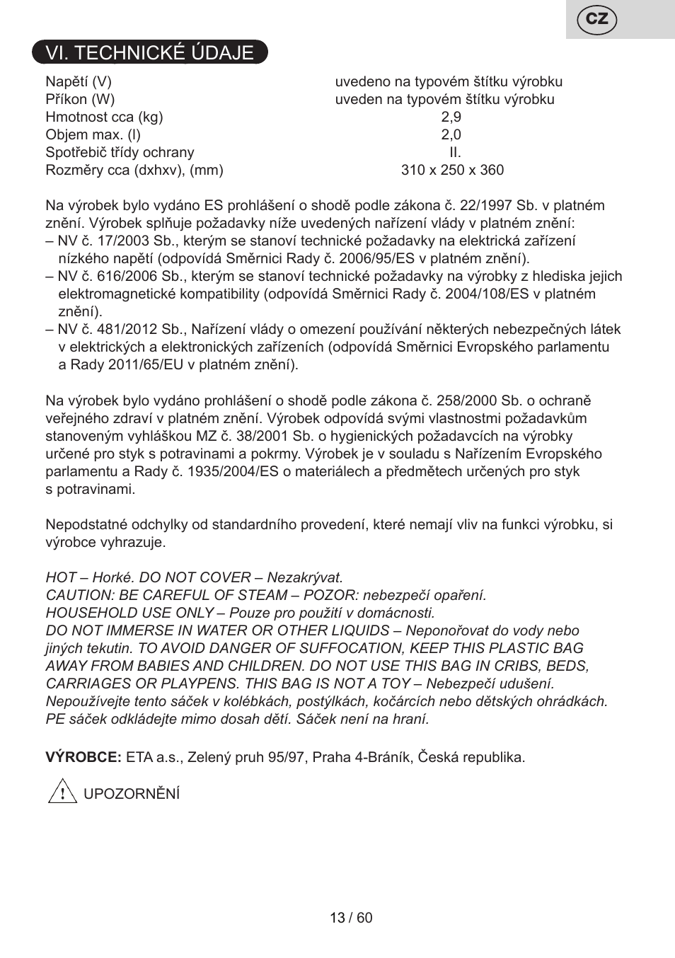 Vi. technické údaje | ETA Calderon User Manual | Page 13 / 64