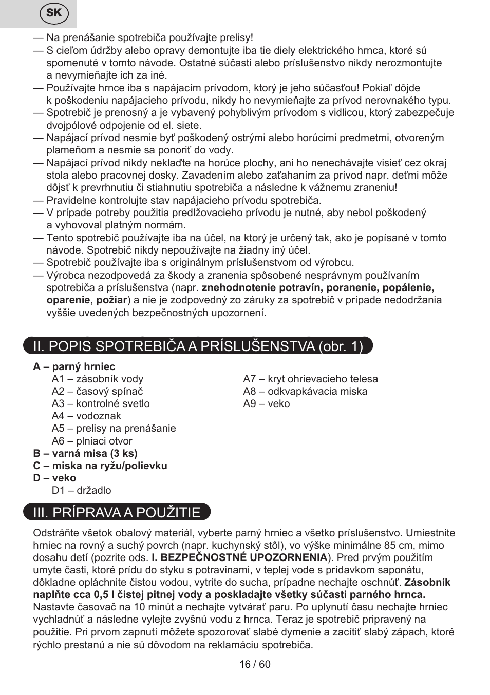 Ii. popis spotrebiča a príslušenstva (obr. 1), Iii. príprava a použitie | ETA Calderon User Manual | Page 16 / 64