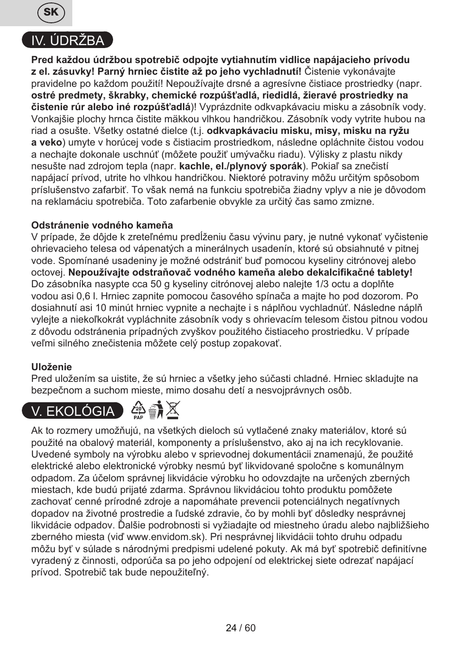 Iv. údržba, V. ekológia | ETA Calderon User Manual | Page 24 / 64