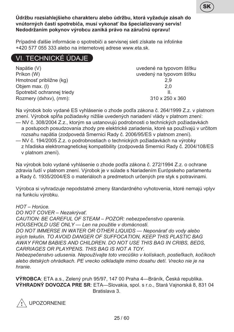 Vi. technické údaje | ETA Calderon User Manual | Page 25 / 64