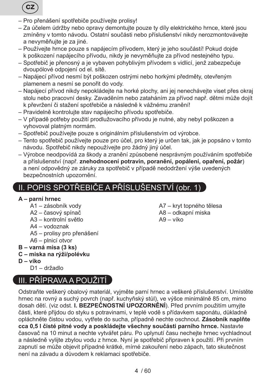 Ii. popis spotřebiče a příslušenství (obr. 1), Iii. příprava a použití | ETA Calderon User Manual | Page 4 / 64