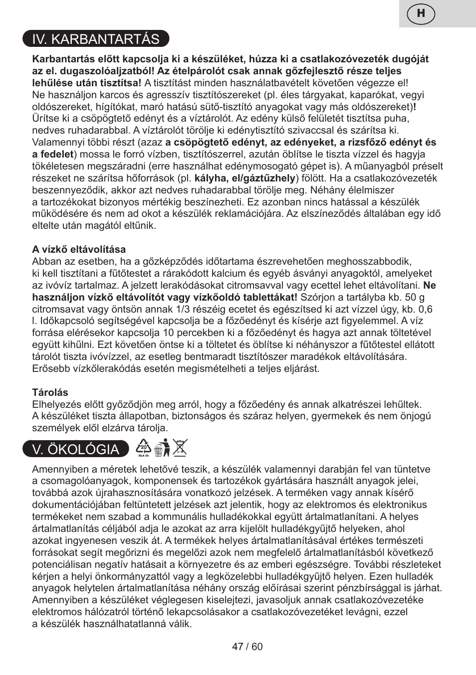 Iv. karbantartás, V. ökológia | ETA Calderon User Manual | Page 47 / 64