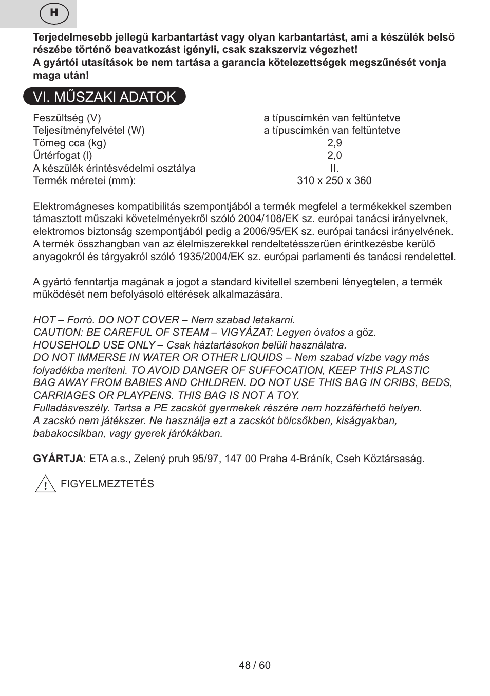 Vi. műszaki adatok | ETA Calderon User Manual | Page 48 / 64