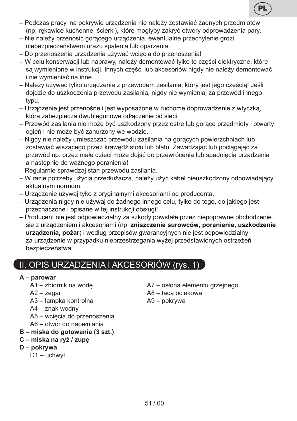 Ii. opis urządzenia i akcesoriów (rys. 1) | ETA Calderon User Manual | Page 51 / 64