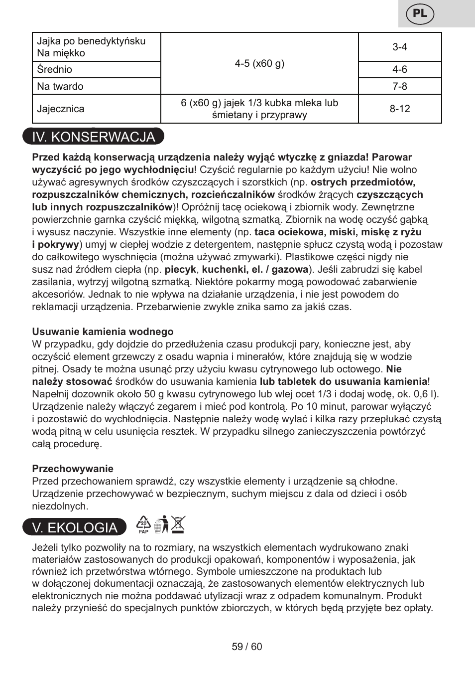 Iv. konserwacja, V. ekologia | ETA Calderon User Manual | Page 59 / 64