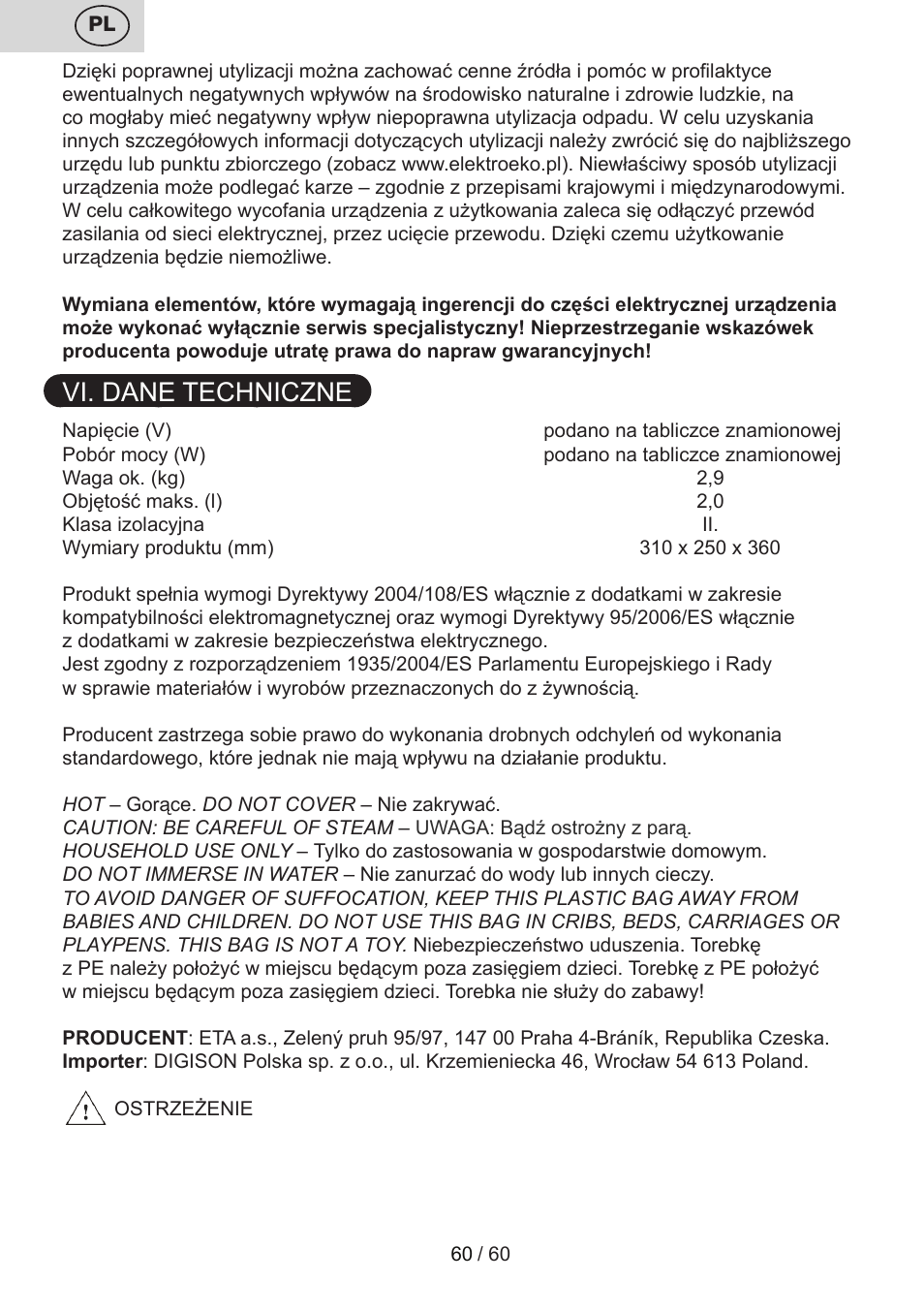 Vi. dane techniczne | ETA Calderon User Manual | Page 60 / 64