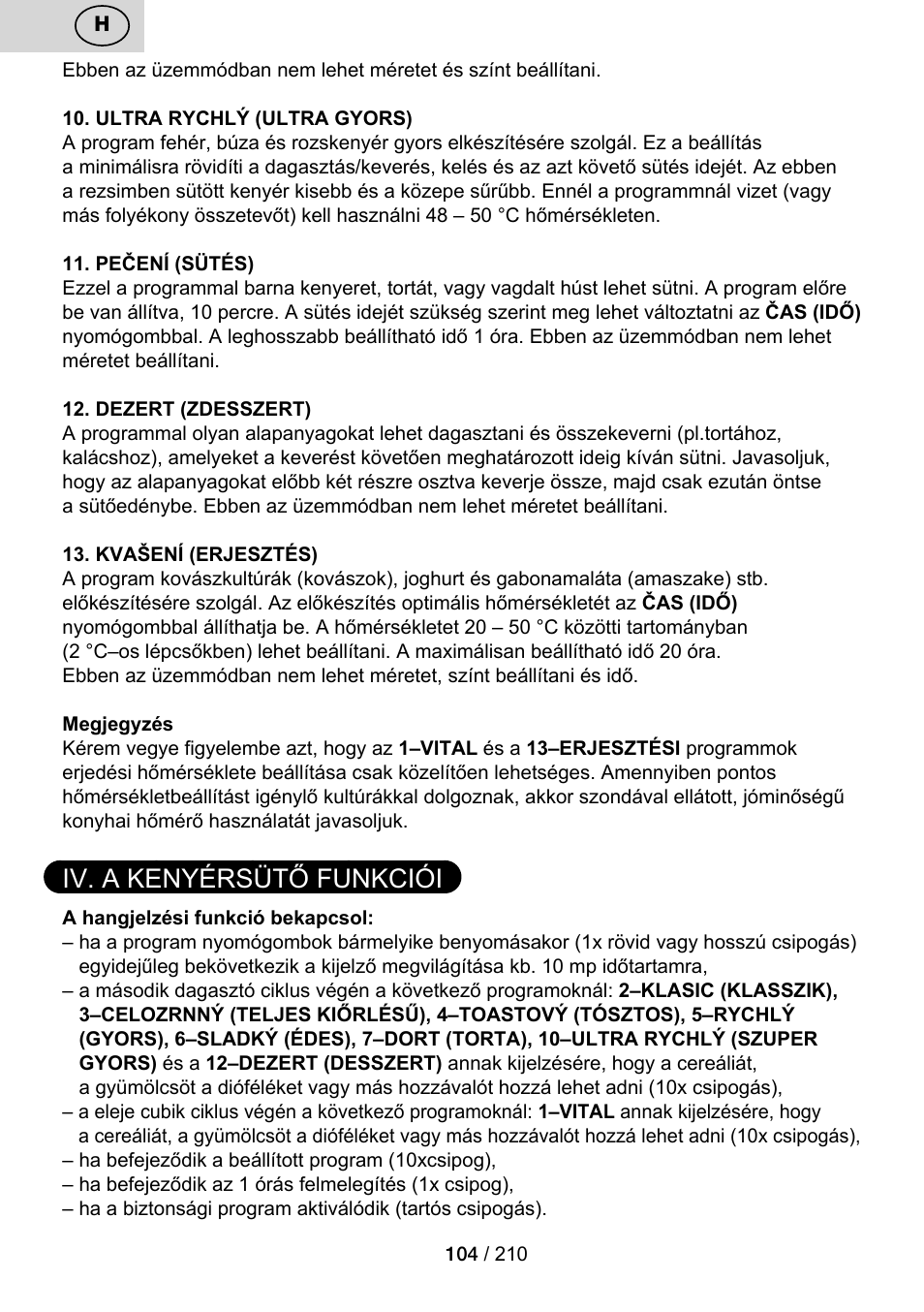 Iv. a kenyérsütő funkciói | ETA Duplica Vital User Manual | Page 104 / 212