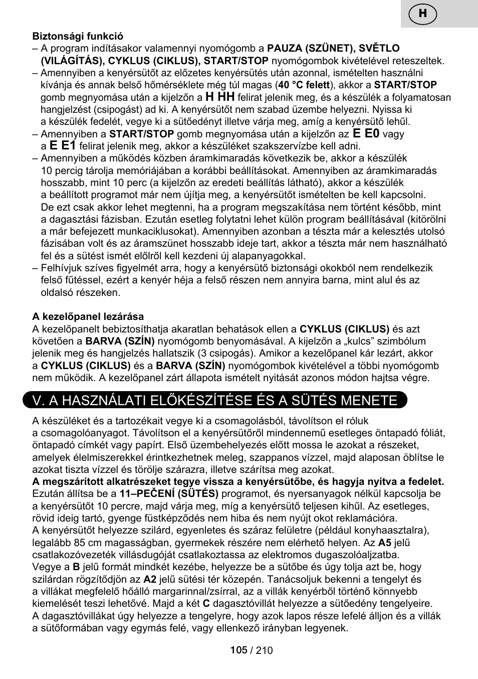 V. a használati előkészítése és a sütés menete, H hh, E e0 | E e1 | ETA Duplica Vital User Manual | Page 105 / 212