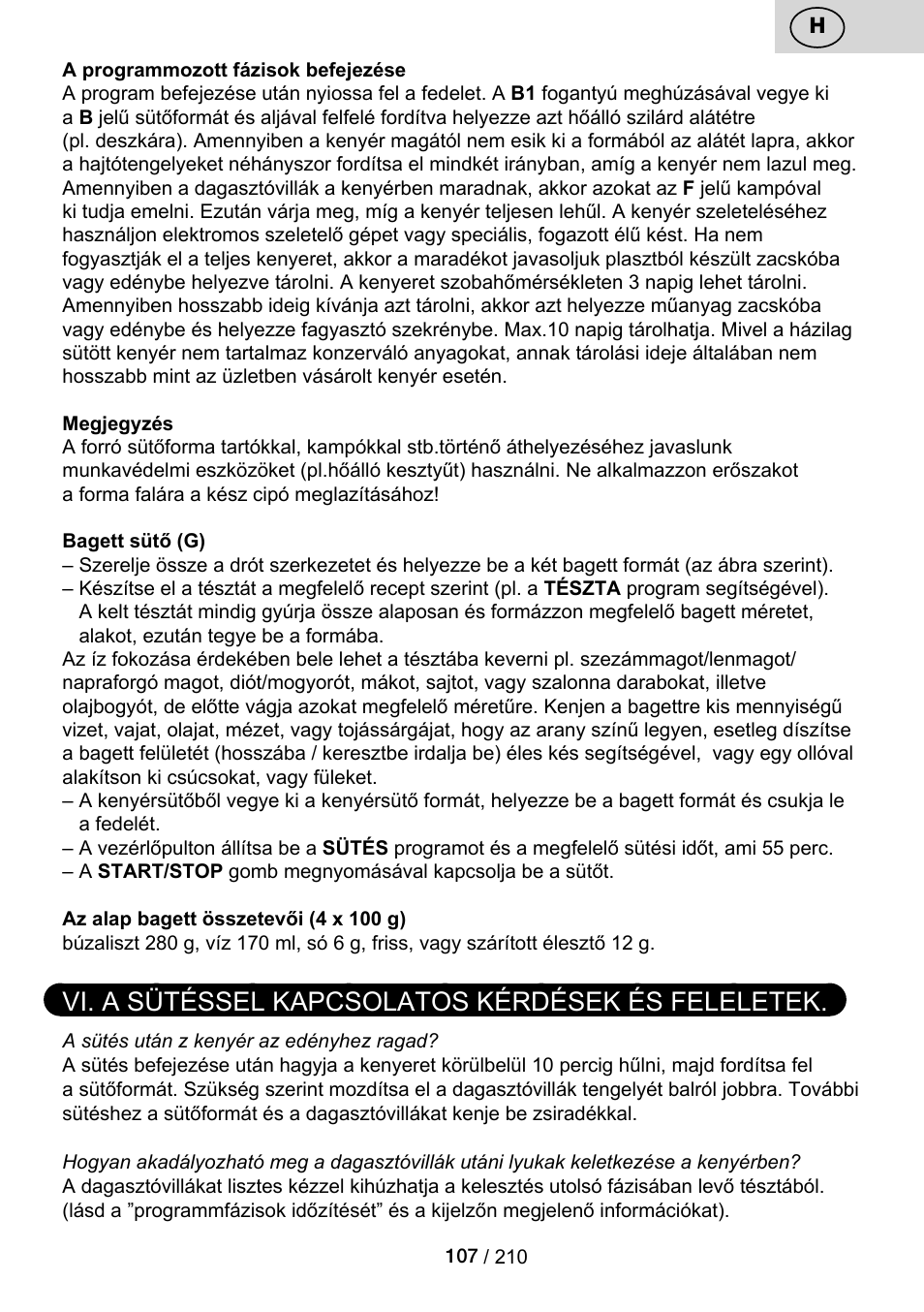 Vi. a sütéssel kapcsolatos kérdések és feleletek | ETA Duplica Vital User Manual | Page 107 / 212