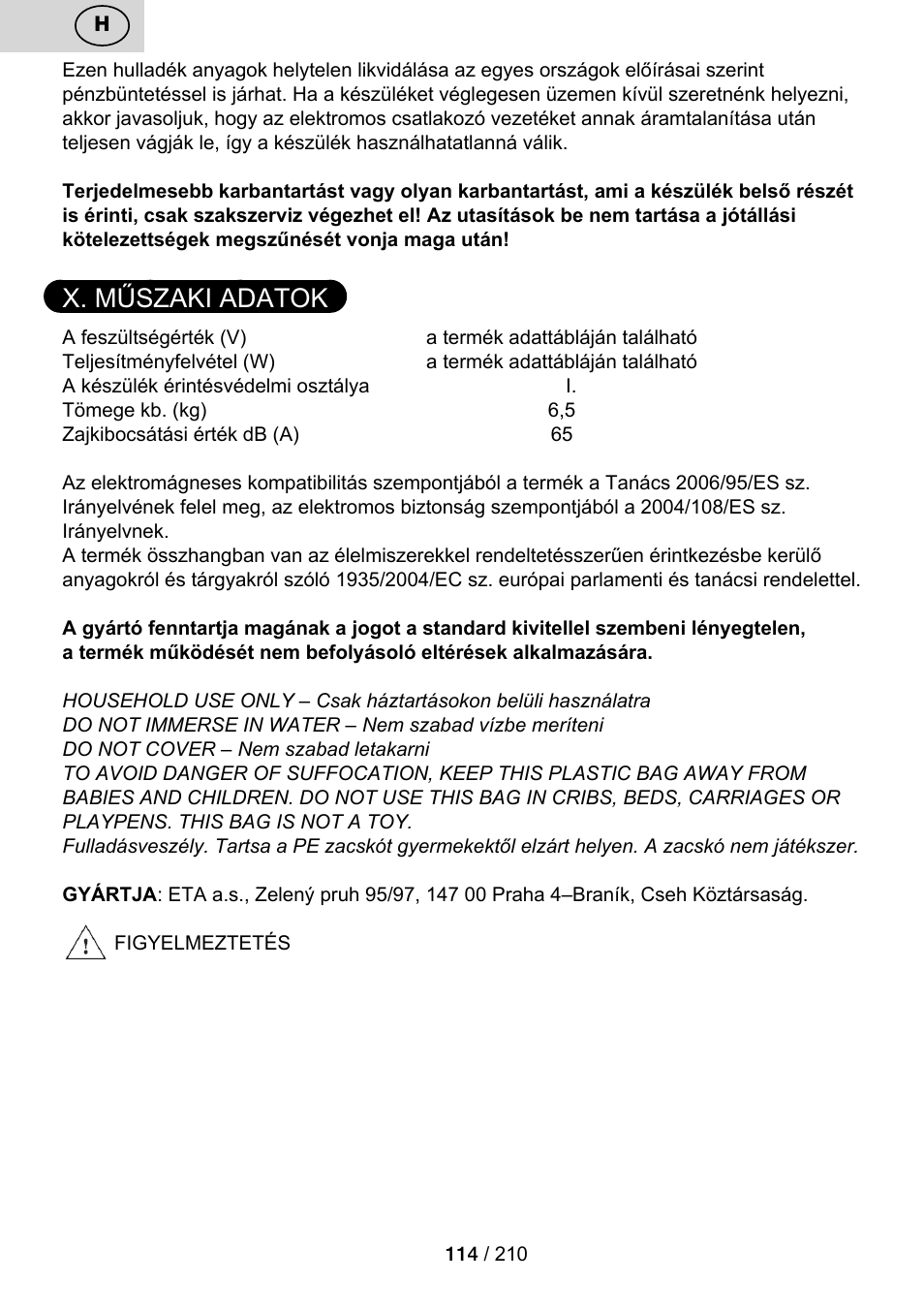X. műszaki adatok | ETA Duplica Vital User Manual | Page 114 / 212