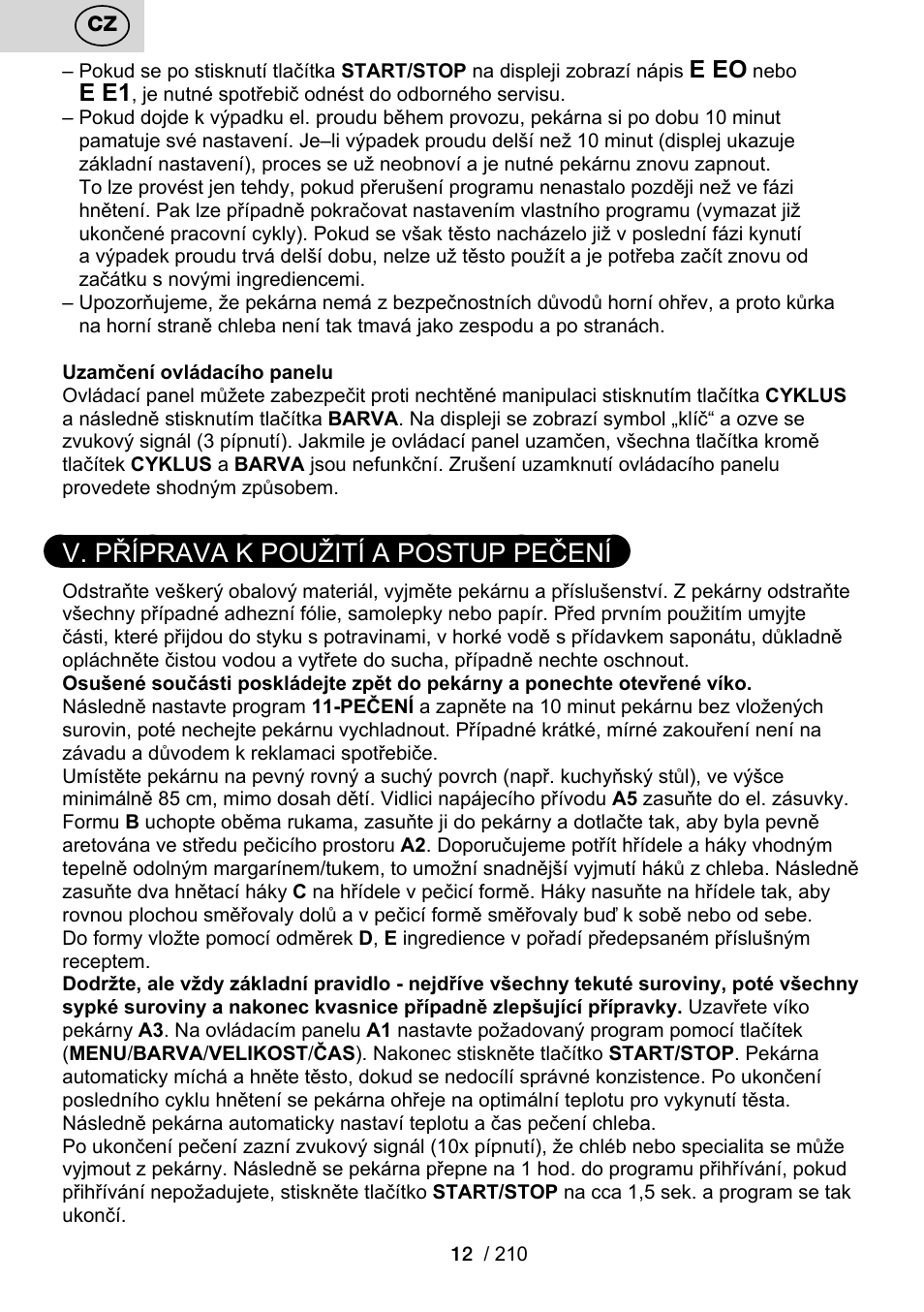 V. příprava k použití a postup pečení, E eo, E e1 | ETA Duplica Vital User Manual | Page 12 / 212