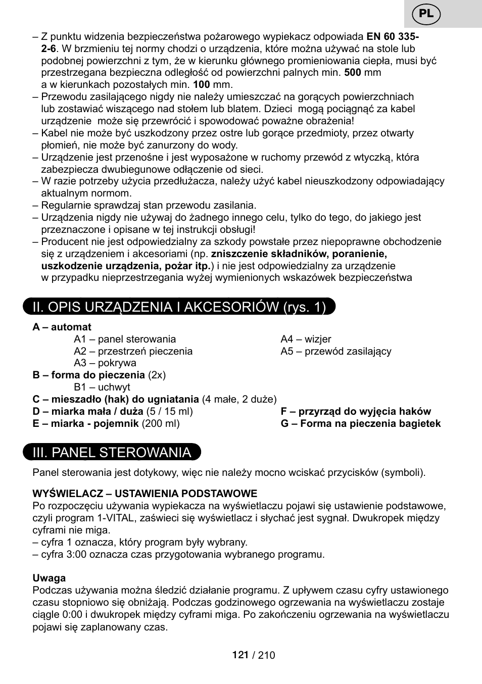 Ii. opis urządzenia i akcesoriów (rys. 1), Iii. panel sterowania | ETA Duplica Vital User Manual | Page 121 / 212