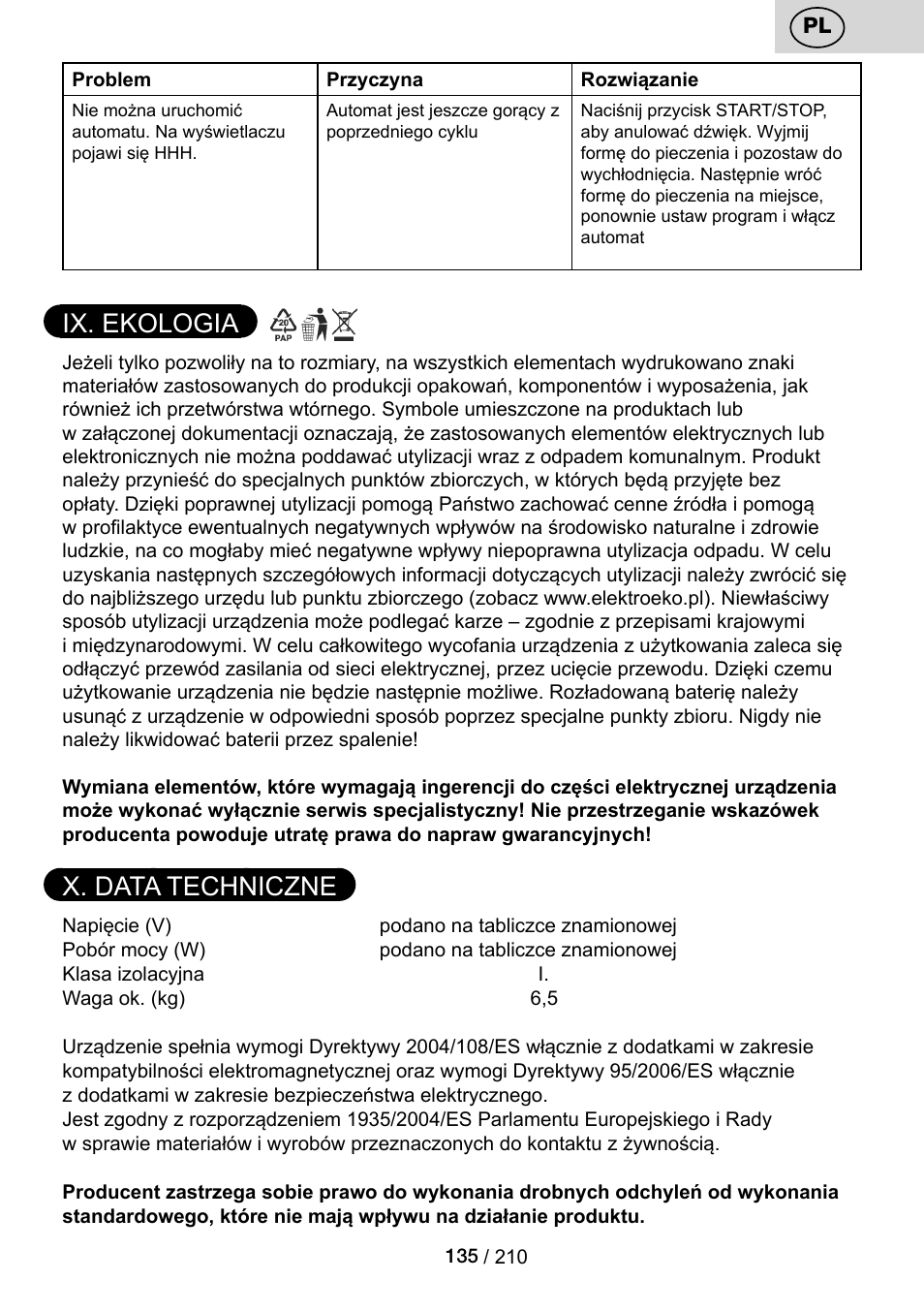 Ix. ekologia, X. data techniczne | ETA Duplica Vital User Manual | Page 135 / 212