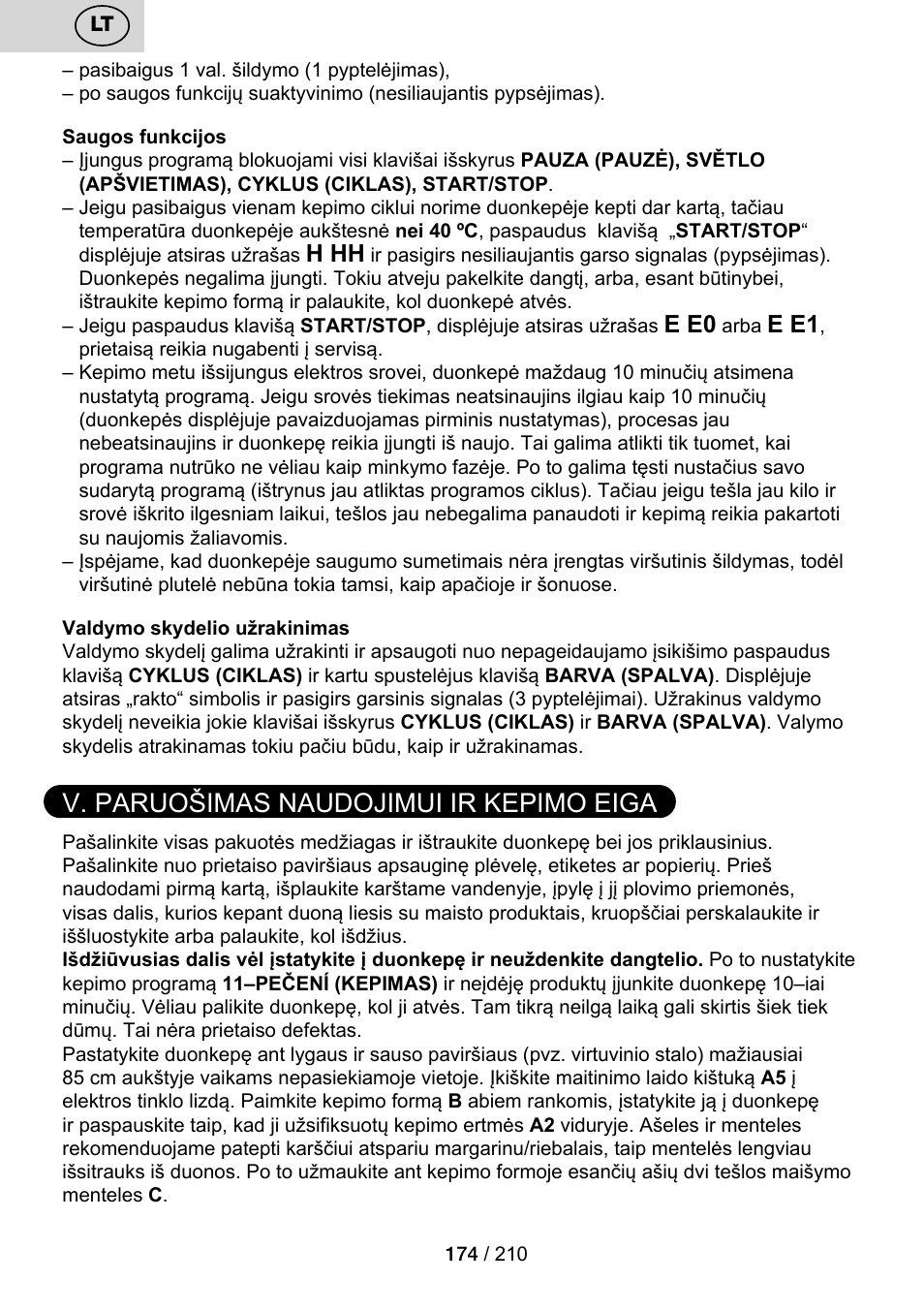 V. paruošimas naudojimui ir kepimo eiga, H hh, E e0 | E e1 | ETA Duplica Vital User Manual | Page 174 / 212