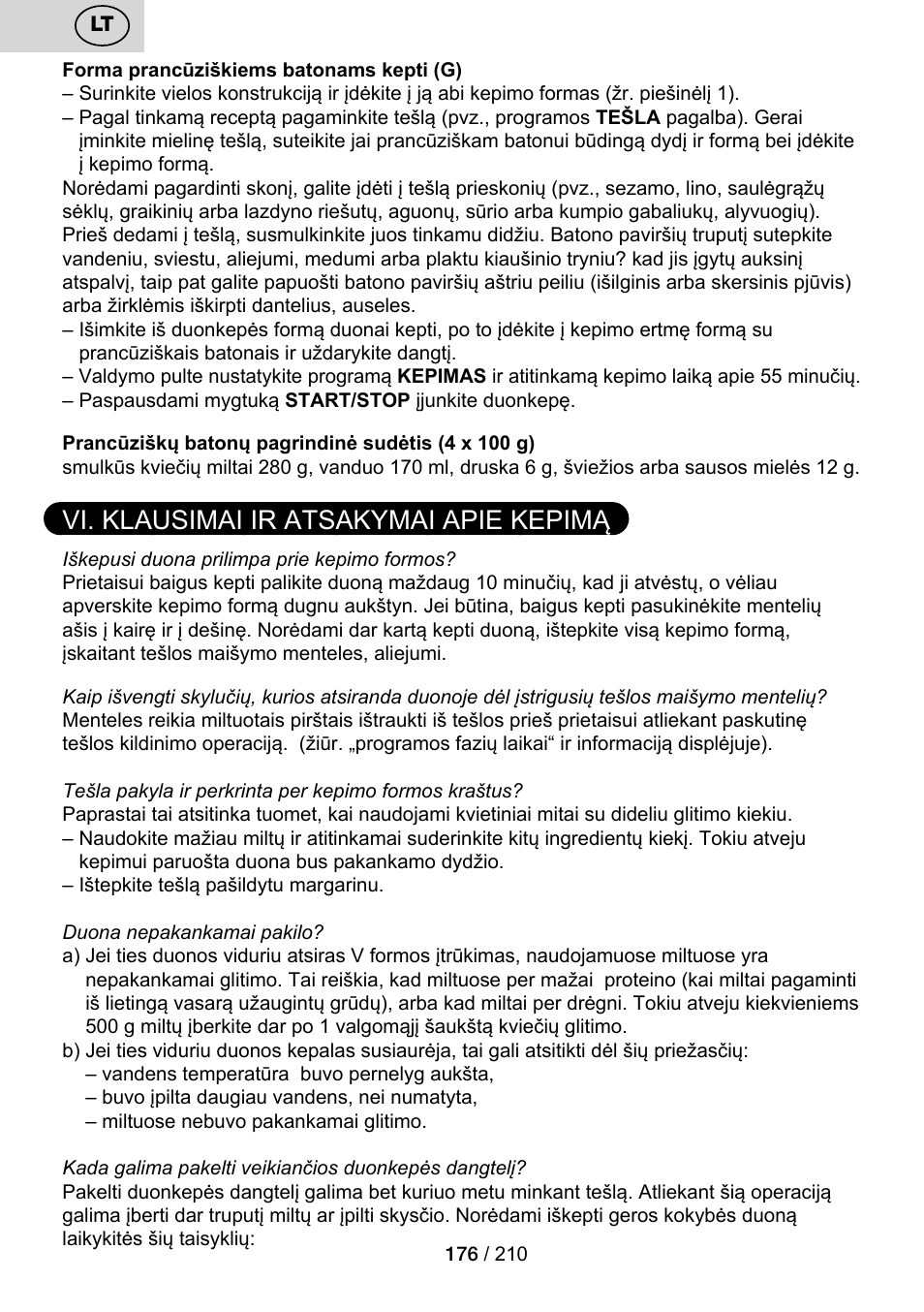 Vi. klausimai ir atsakymai apie kepimą | ETA Duplica Vital User Manual | Page 176 / 212