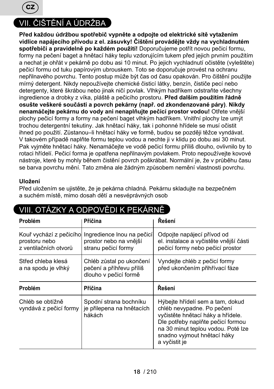 Vii. čištění a údržba, Viii. otázky a odpovědi k pekárně | ETA Duplica Vital User Manual | Page 18 / 212