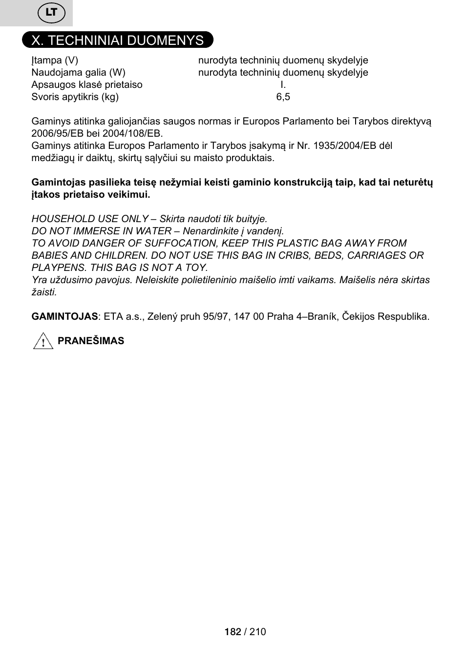 X. techniniai duomenys | ETA Duplica Vital User Manual | Page 182 / 212